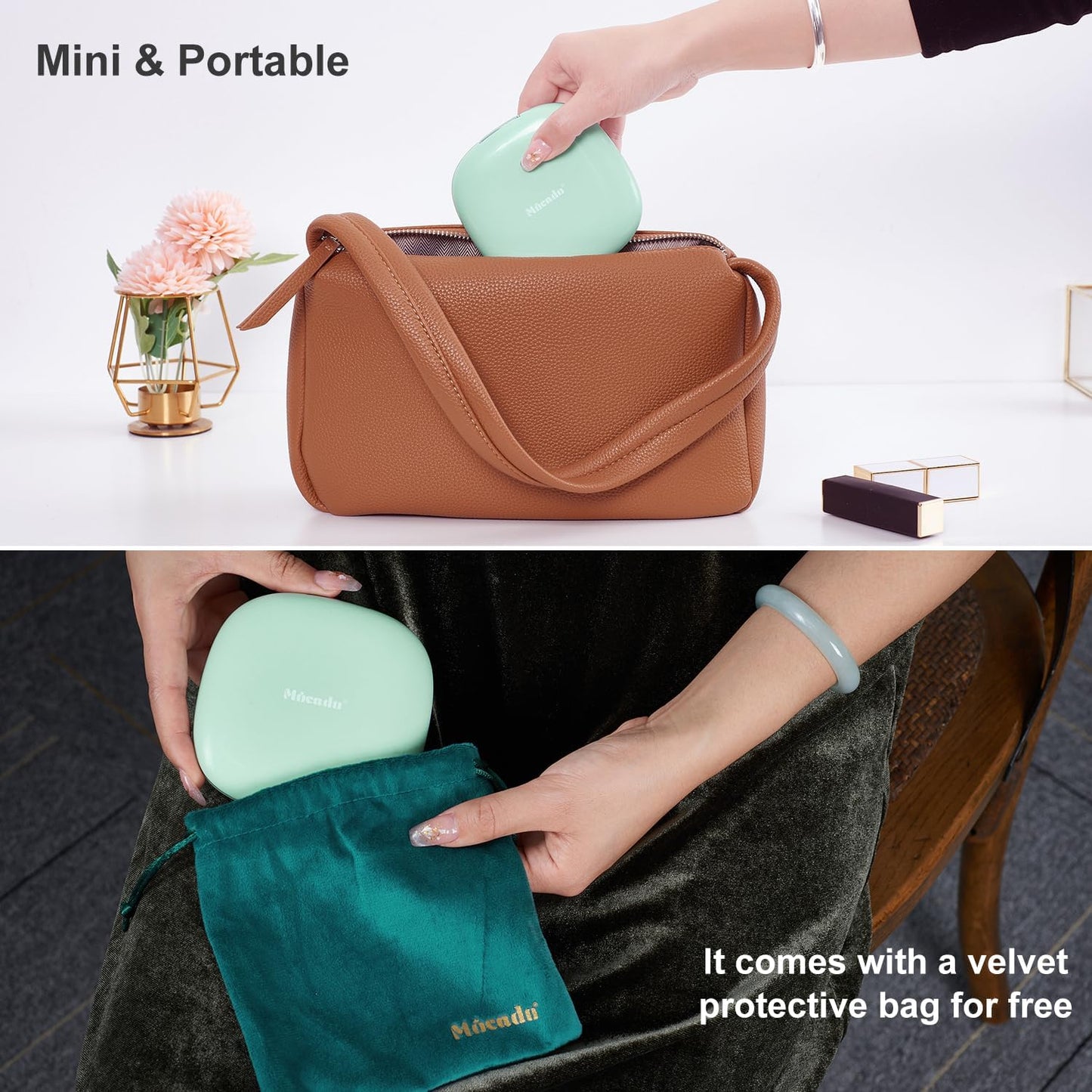 Mocado Compact LED Travel Makeup Mirror - 4 Inches 1X/10X Magnification Travel Mirror with Light Dimmable Double Sides Lighted USB Rechargeable Compact Mirror for Purse,Pocket,Travel(Powdery Green)
