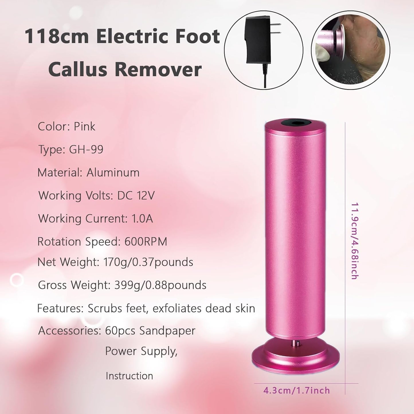 Dermave Upgraded Electric Callus Remover for Feet,Electric Foot File Feet Sander ,Adjustable Speed Foot Scrubber,Women Men Dead Skin and Cracked Professional Pedicure Tool,60Pcs Sandpaper Discs
