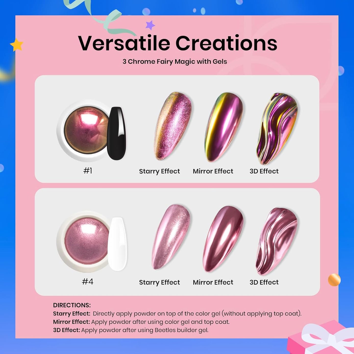 Beetles Metallic Chrome Nail Powder Kit Black White Colors Gel Polish Mirror Effect Holographic Metallic Nail Polish Chrome Manicure Art Decoration Glitter Nail Powder for Women