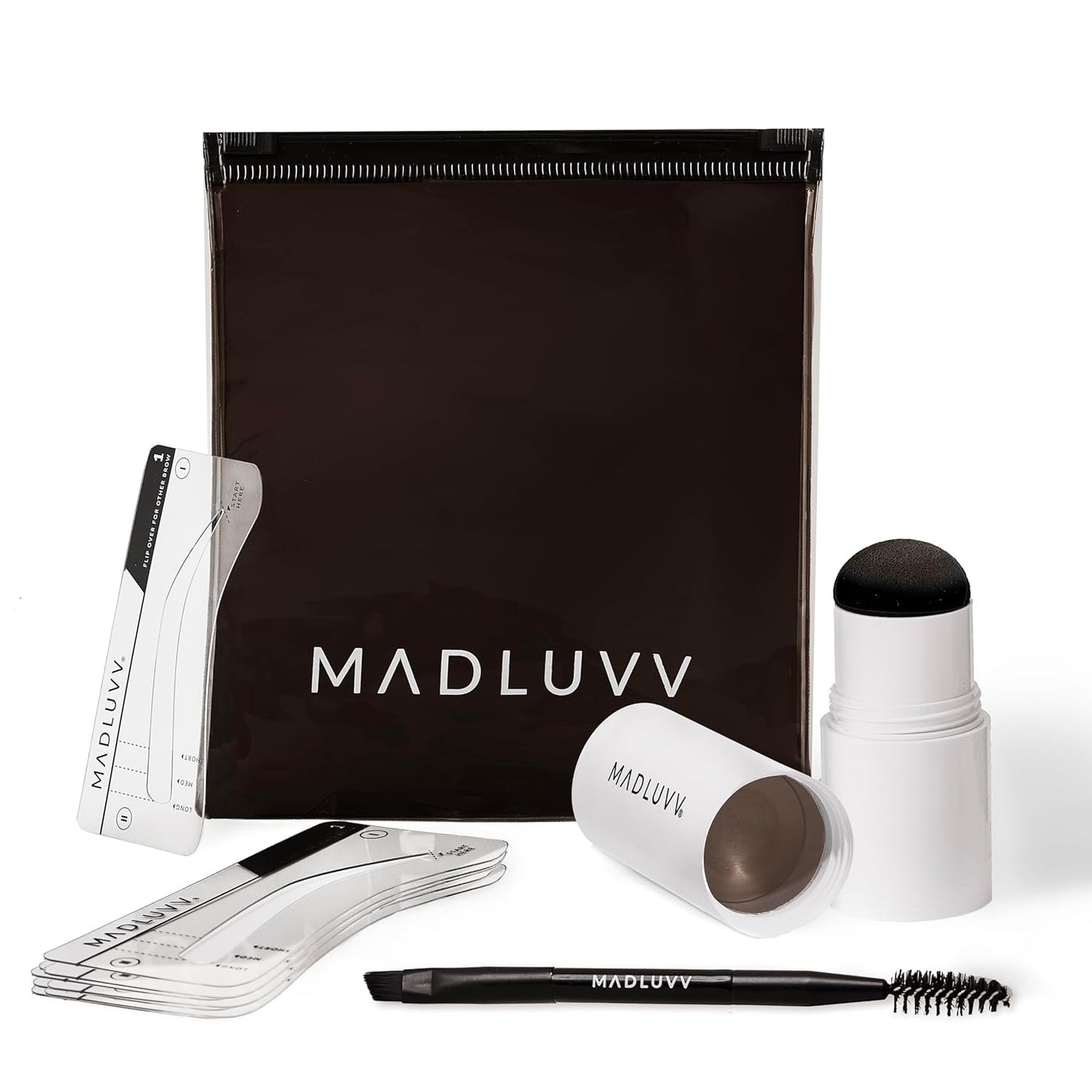 MADLUVV Brow Stamp Kit with Brow Stencils – Easy Eyebrow Shaper for Natural-Looking Brows – Popular Eyebrow Stencil Kit Used by Professionals – 9 Shapes, Spoolie, Travel Bag & Stamp (Soft Brown)