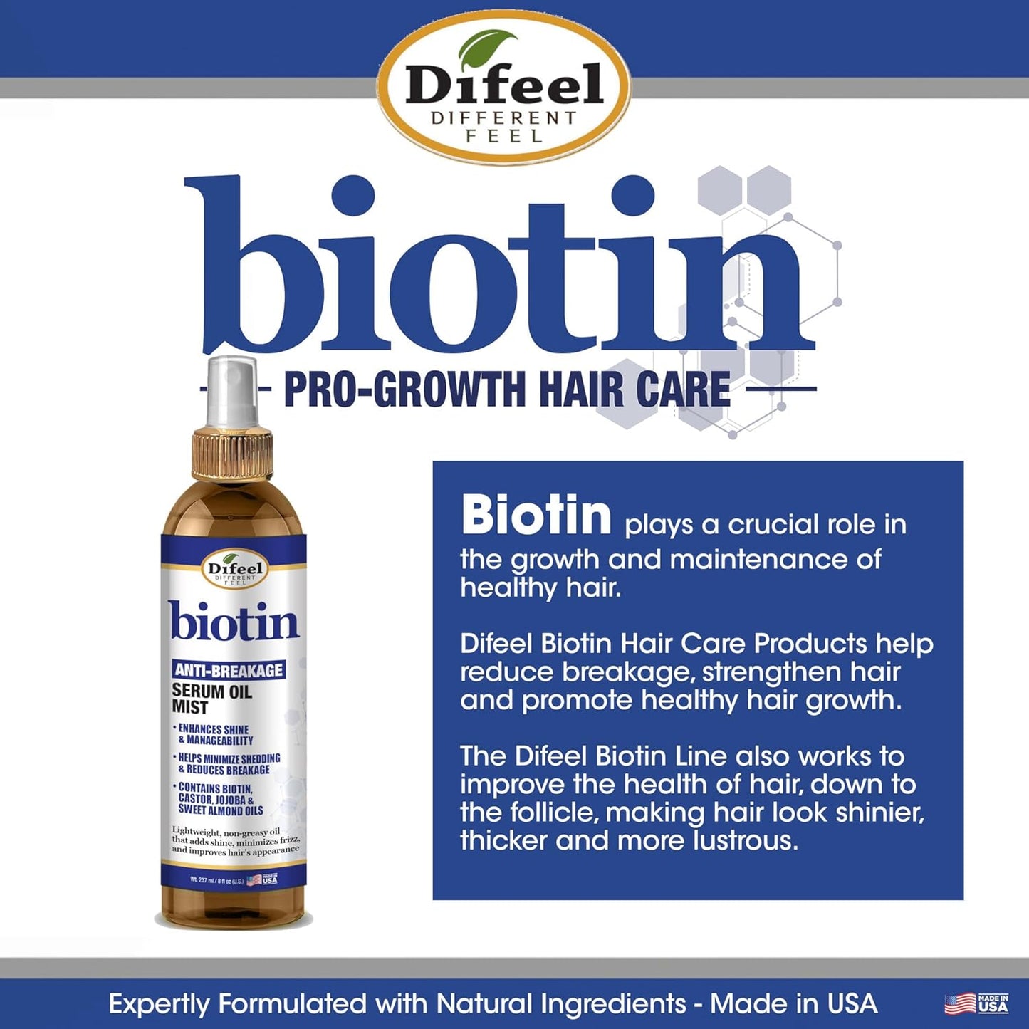 Difeel Biotin Anti-Breakage Serum Oil Mist 8 oz. - Nourishing Anti-Frizz Serum, Lighweight Hair Oil Mist for Frizz and Hair Breakage, Improves Shine