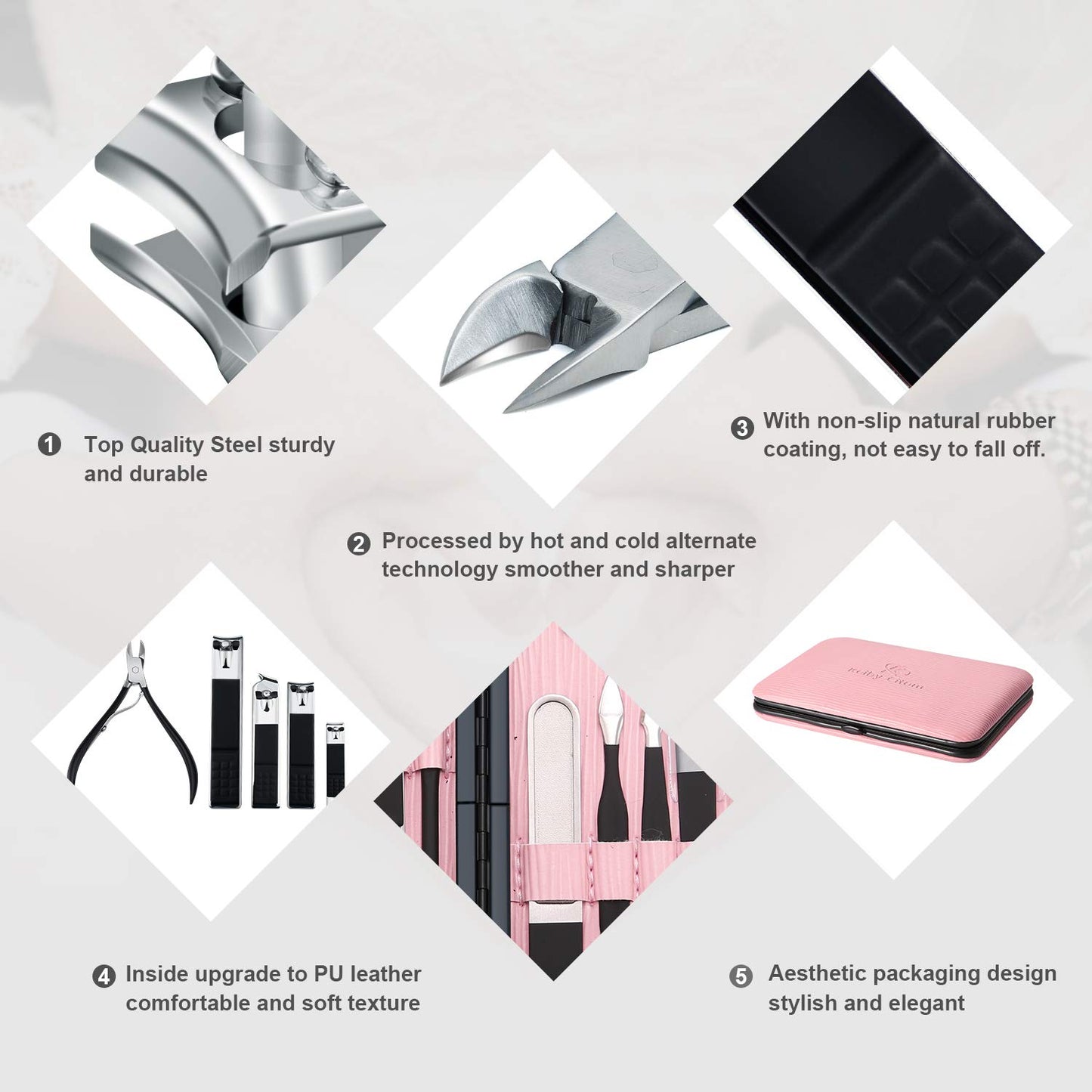 Manicure Set Professional Nail Clippers Kit Pedicure Care Tools- Stainless Steel Women Grooming Kit 18Pcs for Travel or Home (Pink)