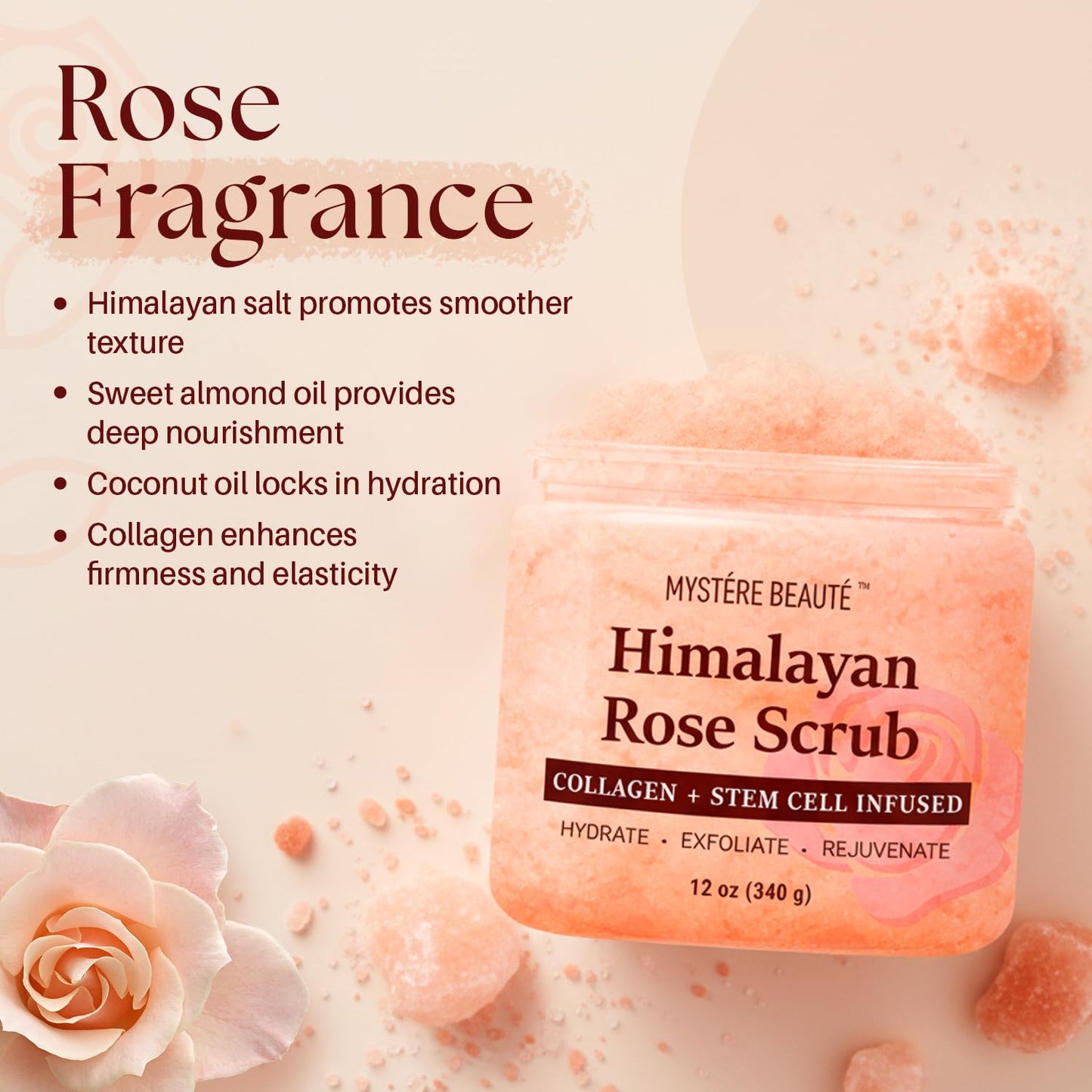 Himalayan Salt Body Scrub 12 oz - with Collagen and Stem Cells - Exfoliating Salt Scrub for Cellulite - Deep Cleansing for Acne, Scars, Wrinkles - Moisturizes Skin