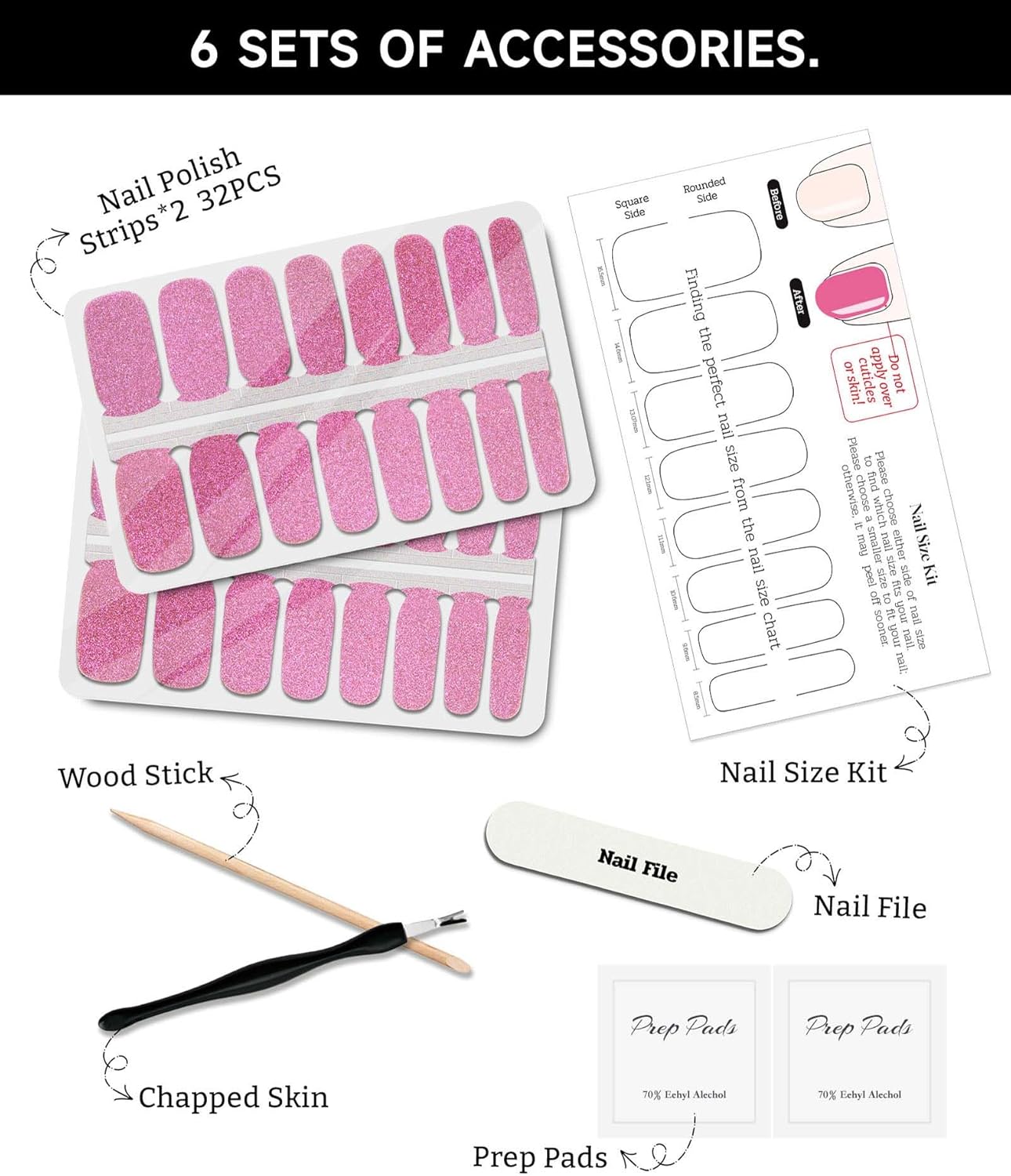 Glitter Nail Polish Strips, 32 Pcs Salon Quality Gel Nail Stickers, Long Lasting Wraps Easy to Use & Remove (Glitter Rose Pink)