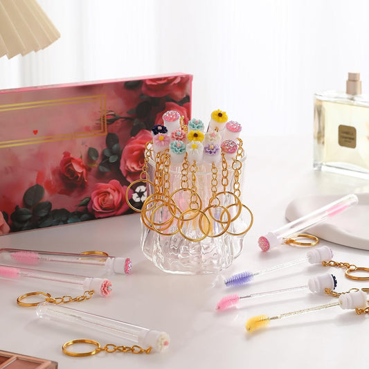 Upgrade 48 Pieces Disposable Mascara Wands Set,Include 24 Pcs Crystal Lash Spoolies Brush 24 Pcs Reusable Keychain Empty Eyelash Brush Tubes Christmas Holiday Gift Women Girls