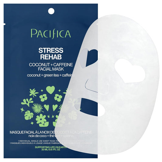 Pacifica Sheet Mask - Skin Rehab Coconut & Caffeine Facial Mask - Sheet Mask for Redness & Puffiness, Infused w/Green Tea, Turmeric & Hyaluronic Acid, Vegan & Cruelty-Free Skincare