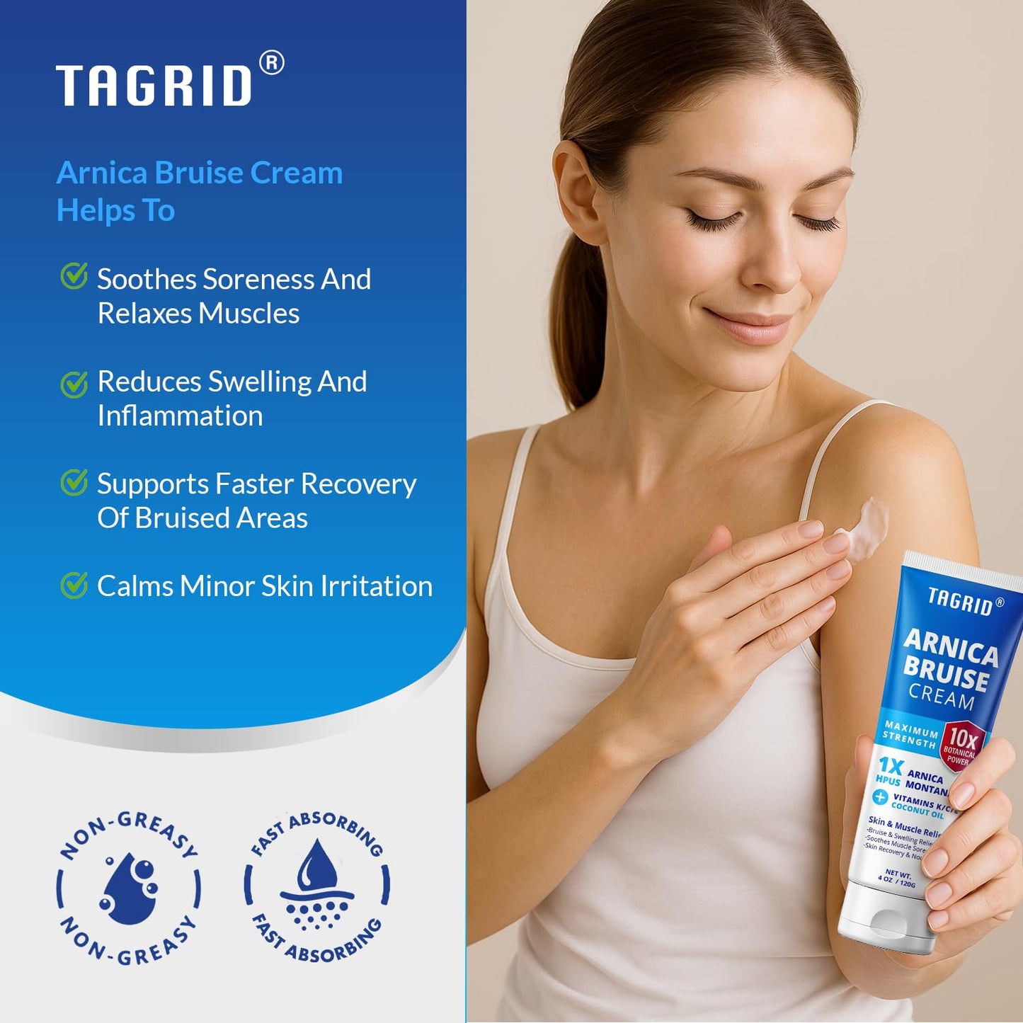 TAGRID Arnica Cream: Maximum Strength Fast Pain Relief Bruise Cream with Vitamin K for Bruising and Swelling on Thin Skin, Joint Pain, Muscle Pain, Soreness (4 OZ)