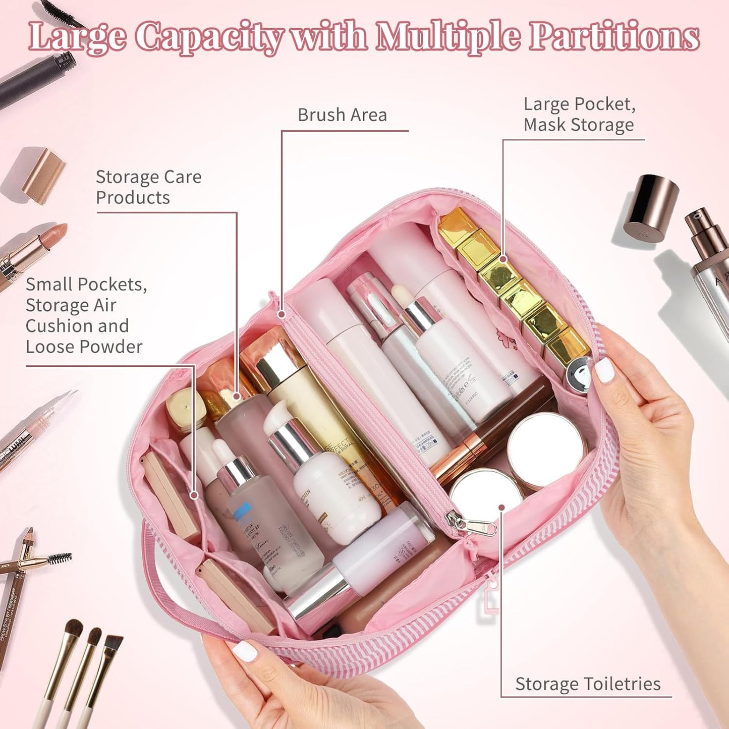 Travel Makeup Bag for Women, 2Pcs Portable Personalized Initial Makeup Organizer Bag, Open Flat Large Cosmetic Bag With Travel Essential Pouch (Pink Letter O)