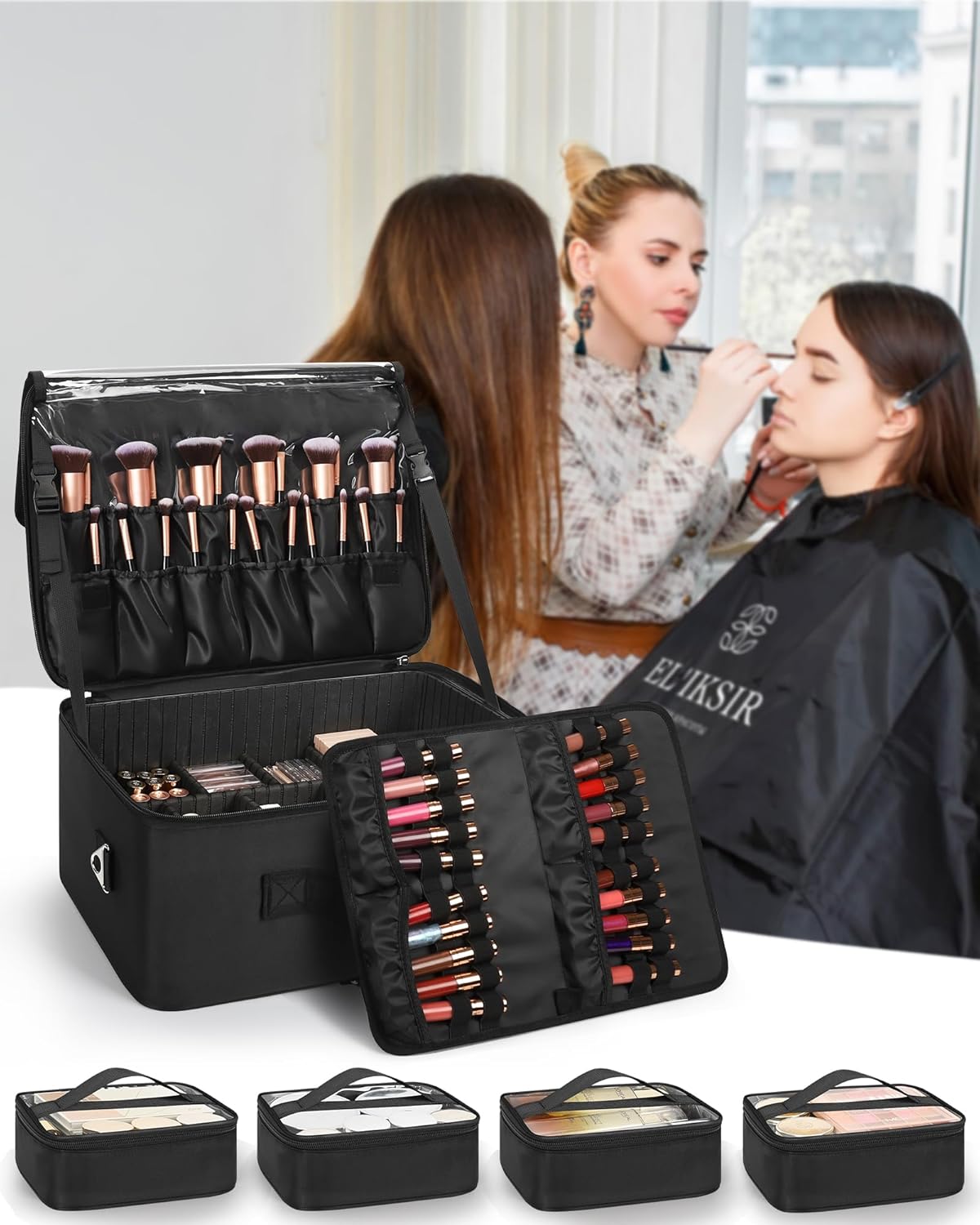 Relavel Extra Large Makeup Case Professional Cosmetic Storage Organizer Box Brush Holder with 4 Clear Set Bags & Lipstick Plate for Makeup Artists with Shoulder Strap & Adjustable Dividers