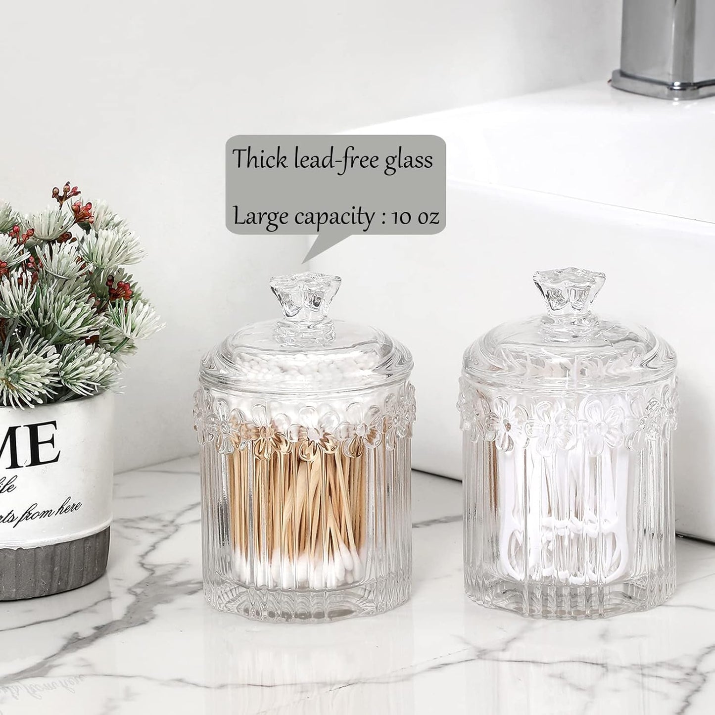 2 Pack Qtip Holder Glass Apothecary Jars with Lids Bathroom Accessories Vanity Organizers and Makeup Storage Canister for Cotton Swabs, Balls, Pads, Floss Picks, Candy, Clear