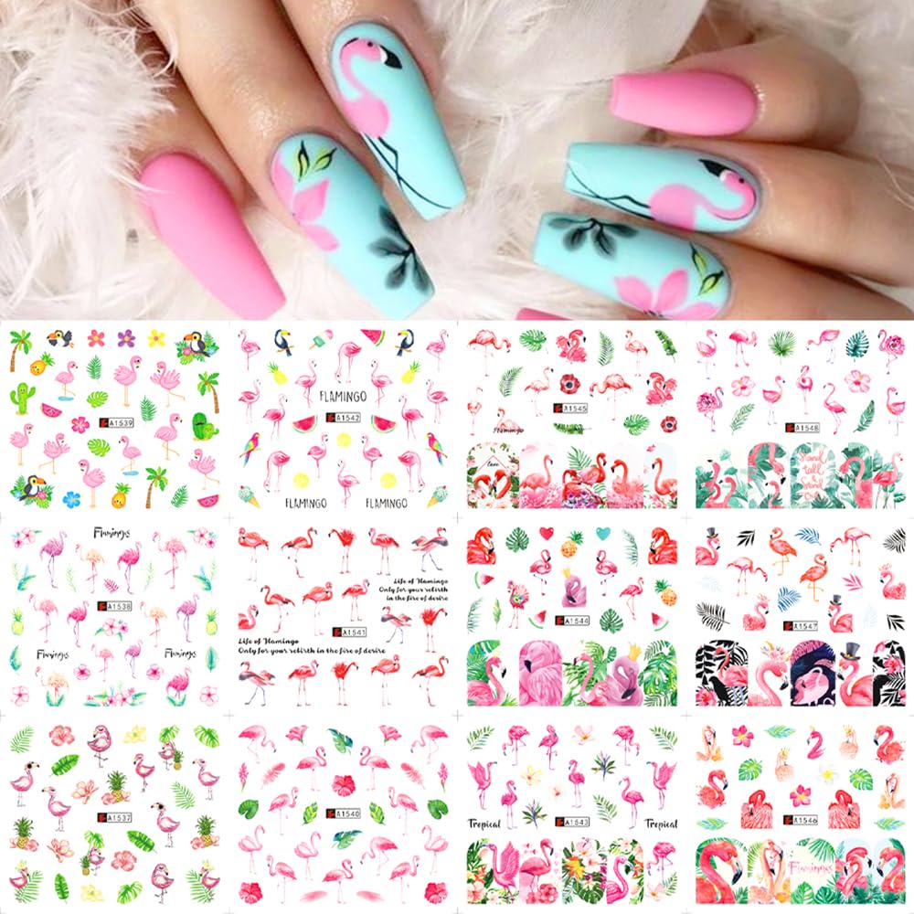 12 Sheet Flamingo Nail Art Stickers Cute Flamingo Green Leaf Design Water Transfer Nail Decals Summer Nail Art Decorations Waterproof Acrylic Nail Stickers for Women DIY Manicure Tips