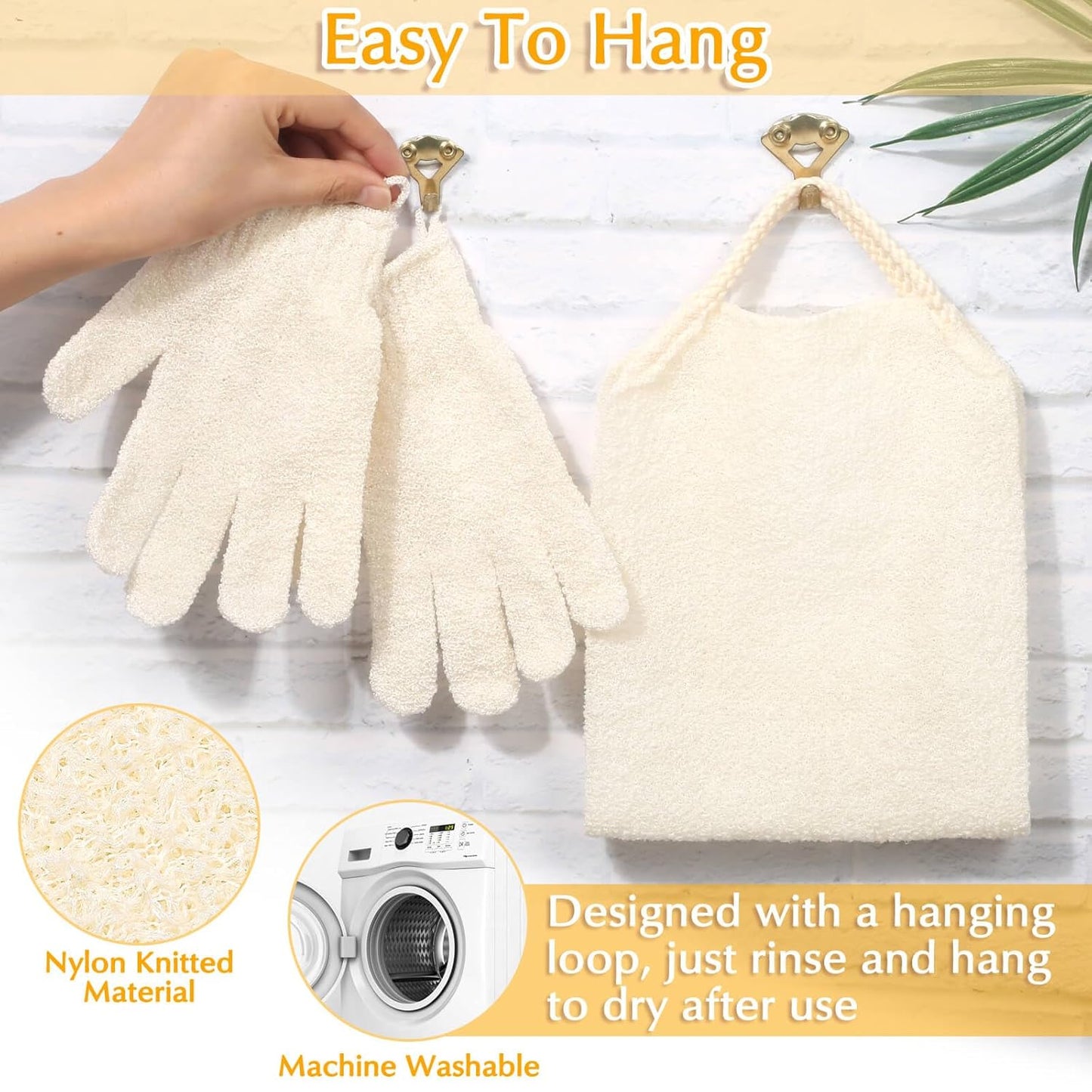 Anezus Exfoliating Back Scrubber Bath Gloves Set, Exfoliating Shower Towel with Shower Gloves for Body Scrub, Back Cleaner Wash Gloves to Remove Dead Skin (Beige)
