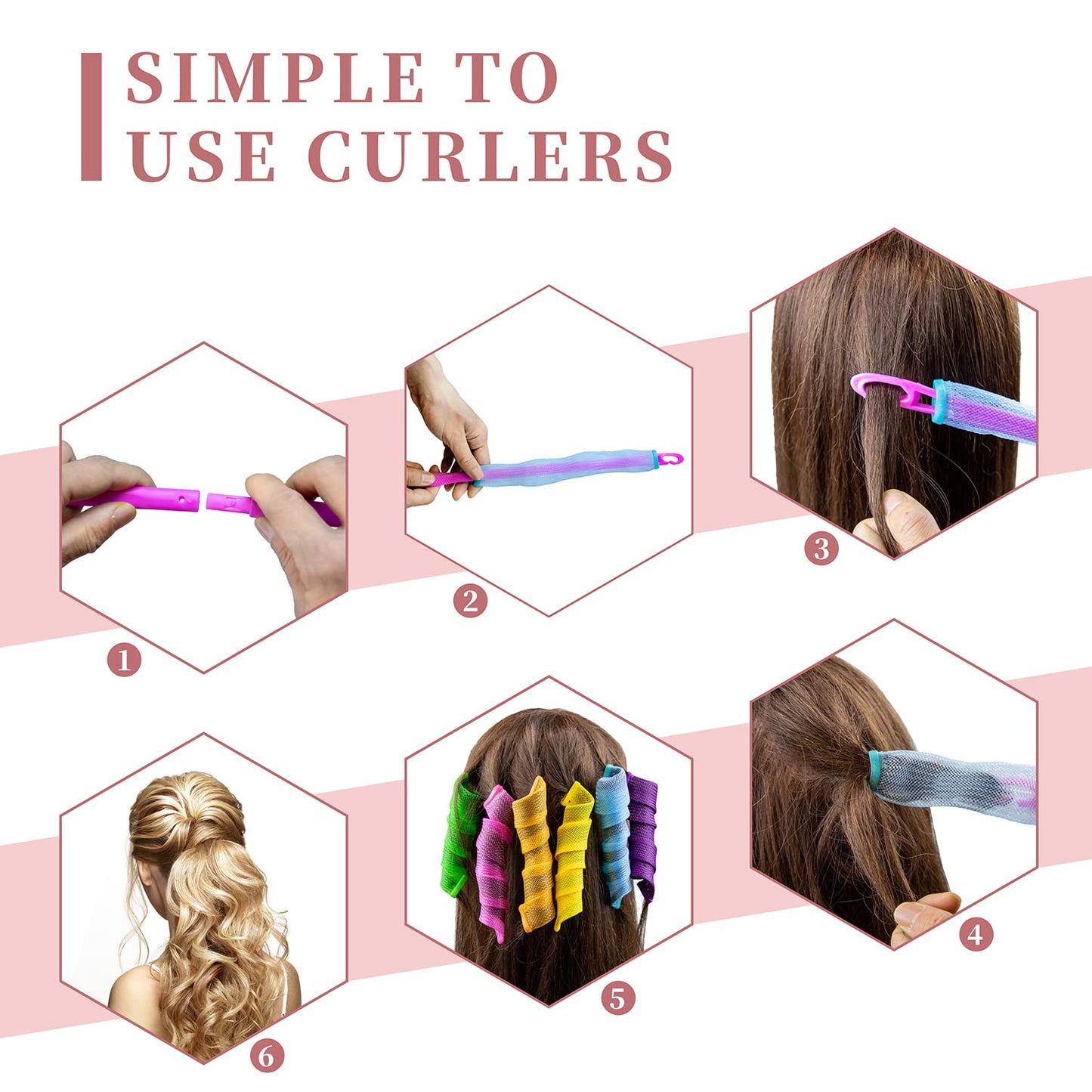 60pcs Heatless Hair Curlers Spiral and Wave Styling Kit 2 Styles No Heat Curlers with 2 Pieces Hooks for Women Girl's Short Medium and Long Hair((9.8 Inch/25 cm)