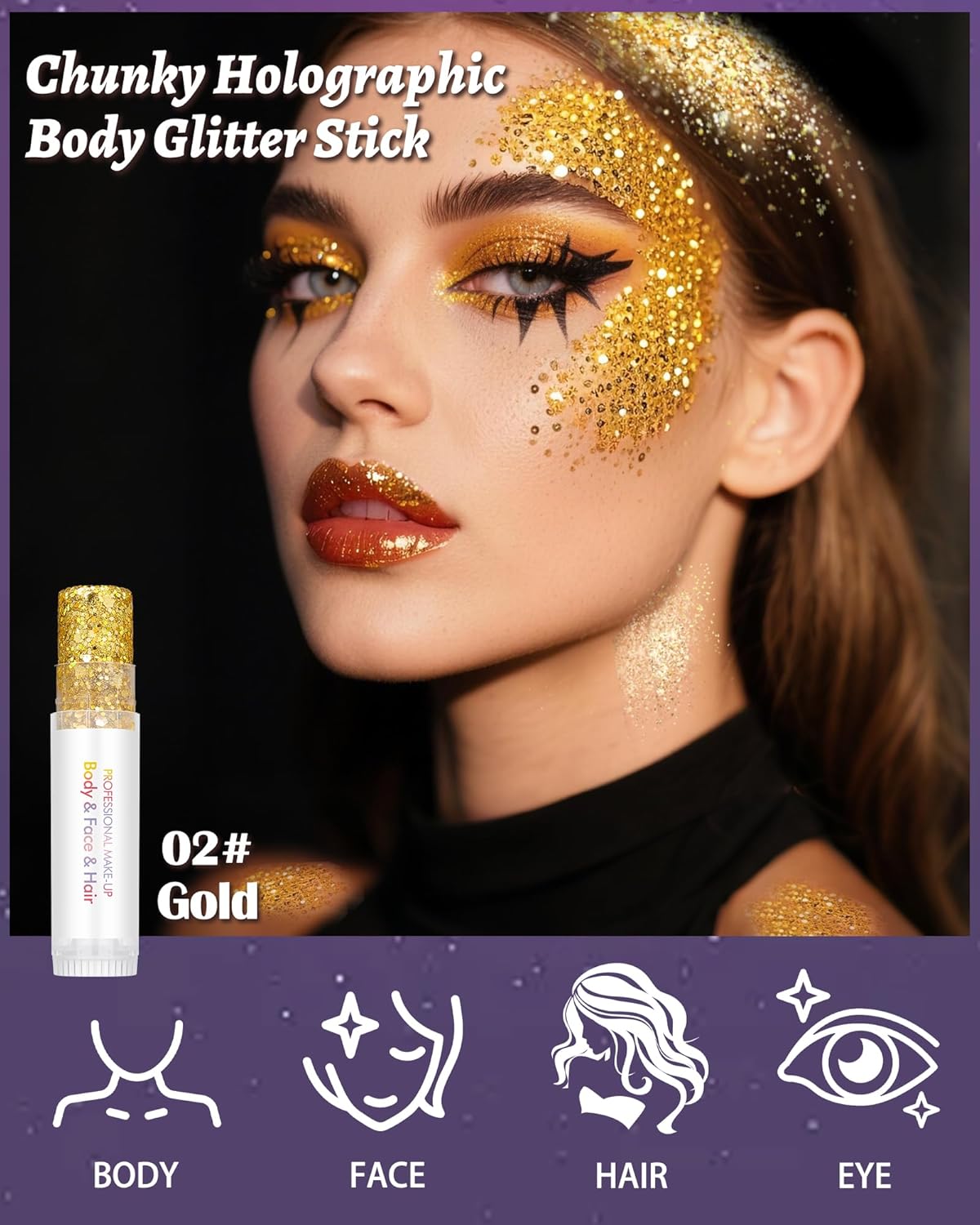 Body Glitter Stick, Waterproof Long Lasting Sparkling Face Shimmer Makeup, Singer Concerts Disco Music Halloween Festival Rave Accessories, Holographic Chunky Sequins Hair Stick,Gift for Women girl-02