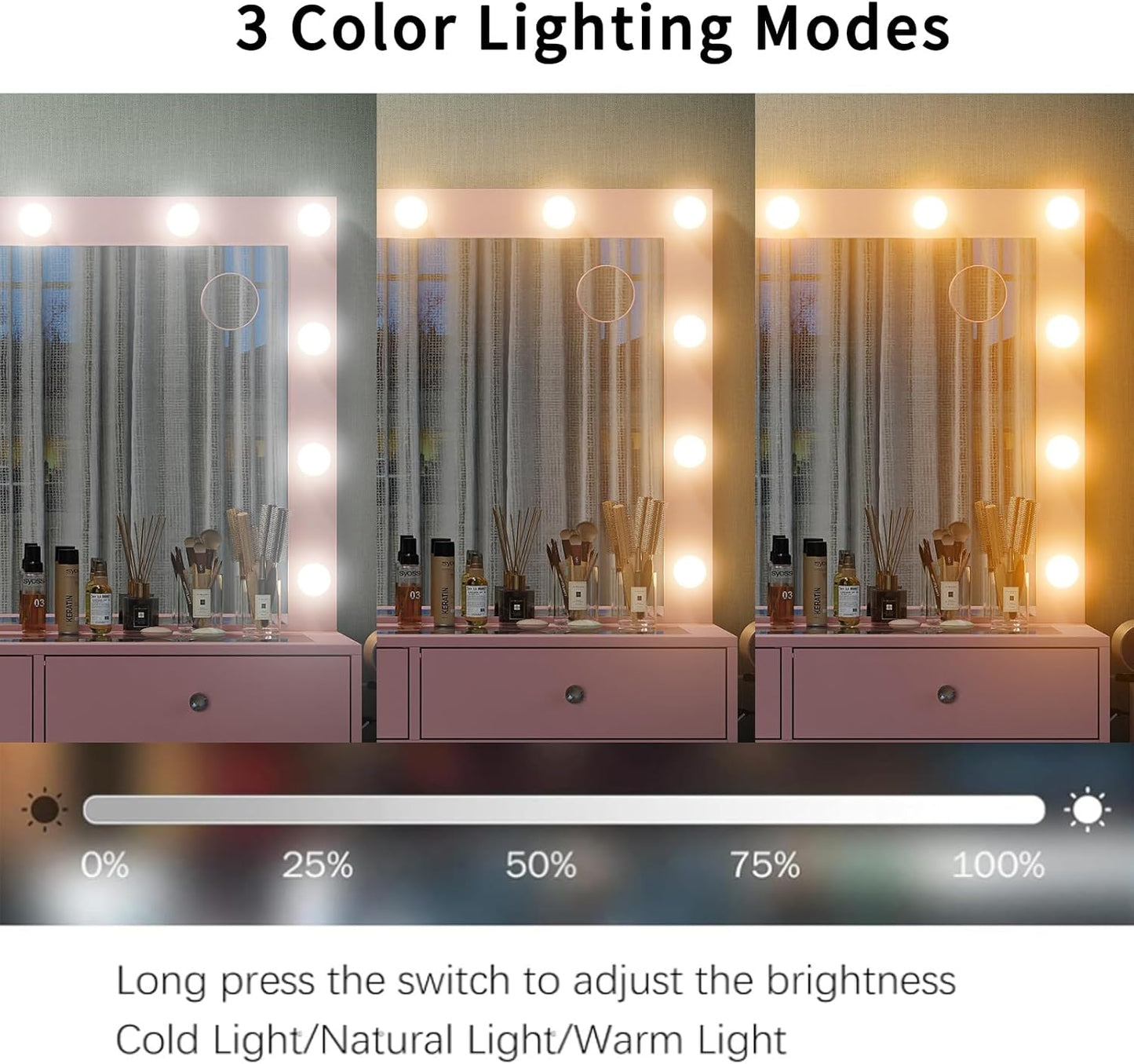 11 Drawers Makeup Vanity with Charging Station, Vanity Desk with 13 LED Bulbs and HD Mirror, 3 Color Brightness Adjustable, Glass Top Vanity Set for Bedroom, Pink