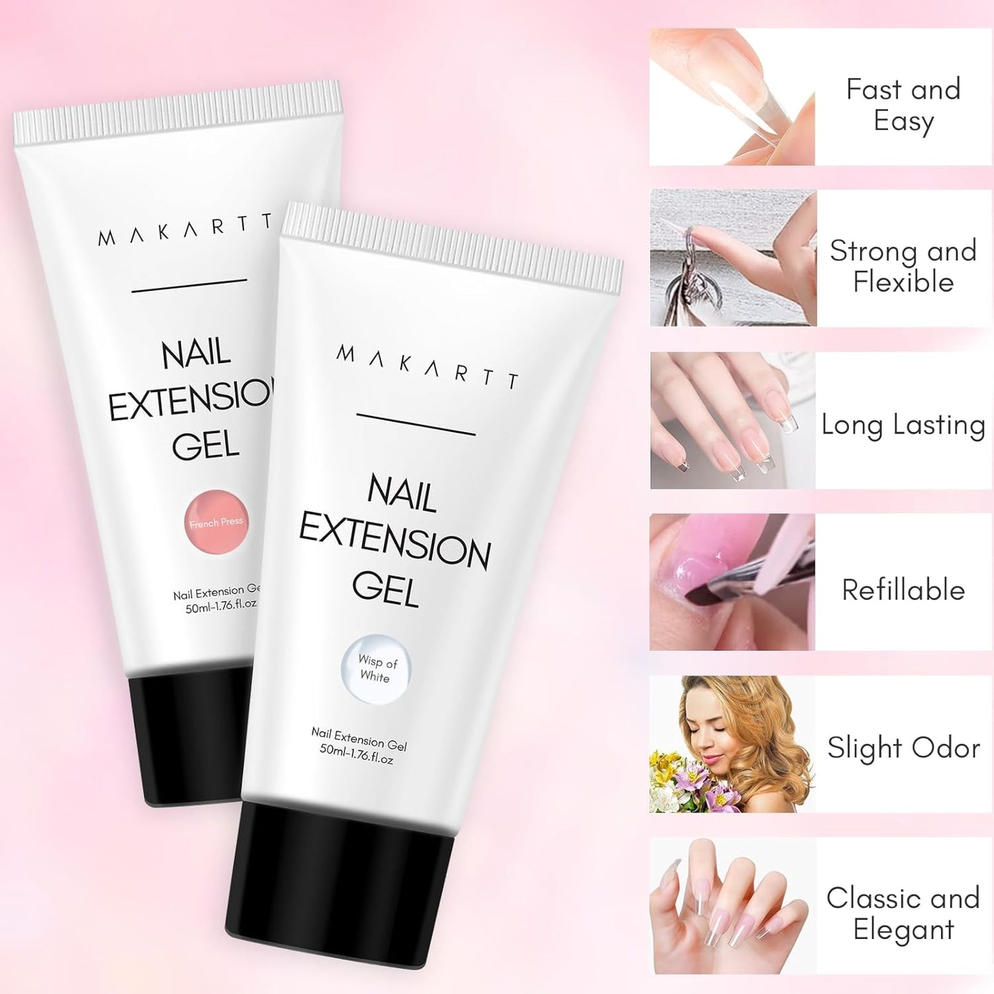 Makartt Poly Nail Gel Set, 2 Colors 50ML, Milky White and Nude Pink, Strong Builder for Extension Overlay Strengthener 3D Diy, Multifunctional, Long-lasting for Nails French Manicures Home Salon