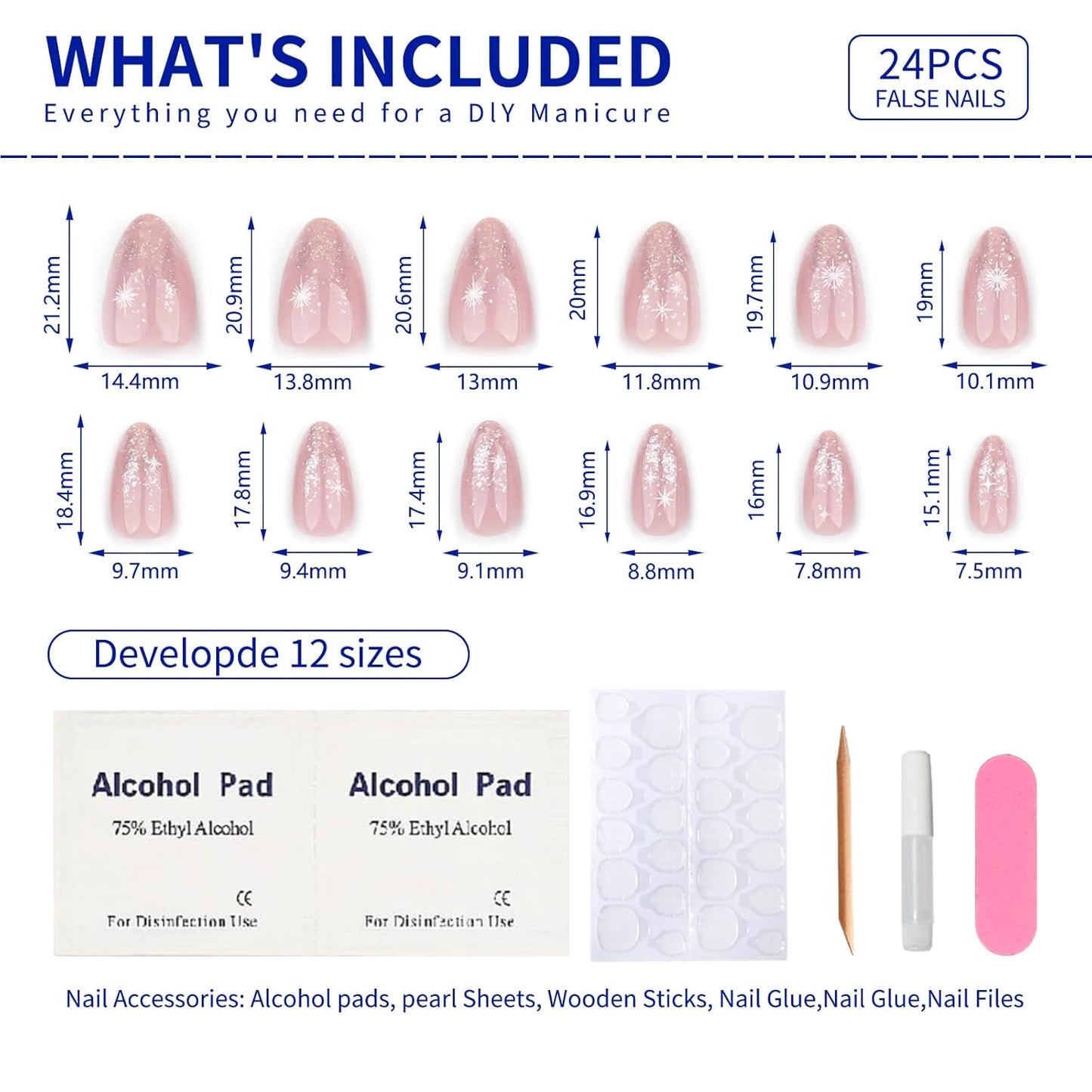 Pink Press on Nails Short Almond, French Fake Nails with Sparkly Silver French Tips and snowflake Designs, Glossy Gel Finish Acrylic Nails, Thick Reusable Glue on Nails Kit for Women, 24Pcs