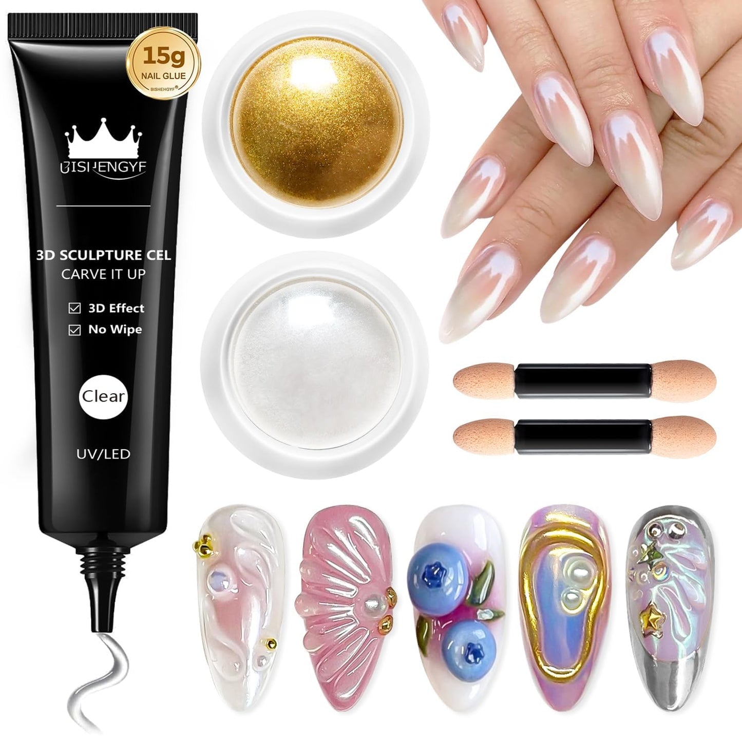 3D Nail Gel Art BISHENGYF - 15g Sculpting Gel Nail Glue with Gold White Chrome Nail Powder for Nail Art Non-Sticky Hand Hard Gel Carving Gel for Chrome Powder for Art Home DIY