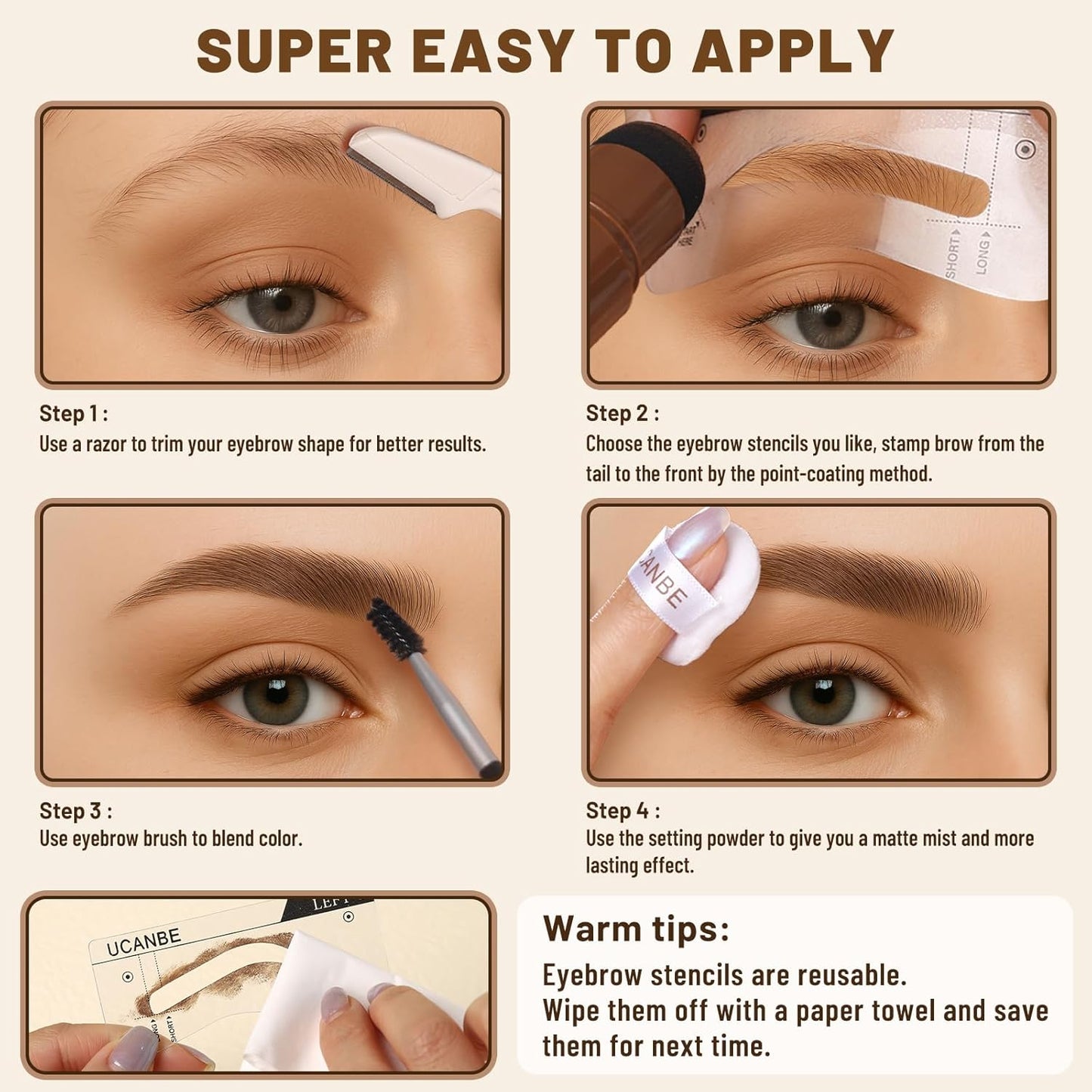 UCANBE 25PCS Eyebrow Stamp Stencil Kit With Dual-Color Eyebrow Stamp Pomade,20 Reusable Eyebrow Stencils,Finising Powder,Brush,Eyebrow Razor,Zipper Pouch,Waterproof Eye Brow Stamping and Shaping Kit02