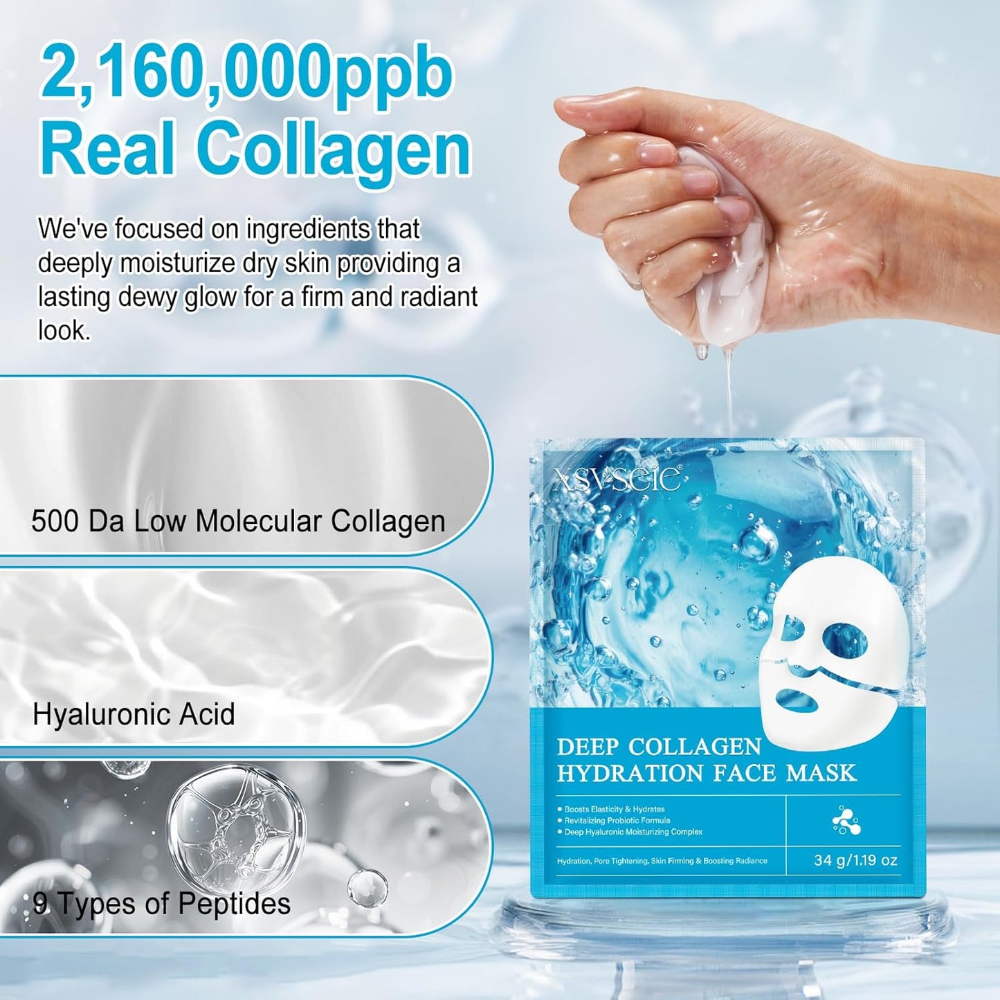 Collagen Face Mask, Deep Collagen Anti Wrinkle Lifting Mask Hydrogel Masks with Low Molecular Sheet Mask Overnight Hydrating Face Mask for Firming,Elasticity, Moisturizing for All Skin Types