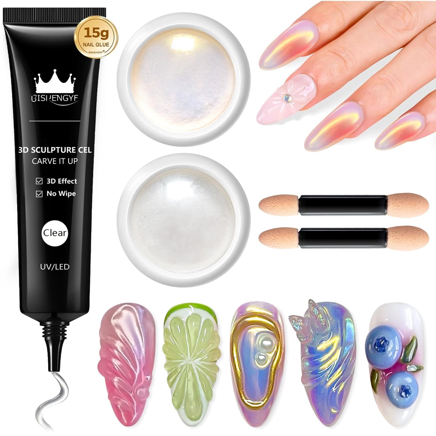 Chrome Nail Powder BISHENGYF - White Yellow Nail Chrome for Nail Art Non-Sticky Hand Hard Gel with Powder for Nails Art Home DIY