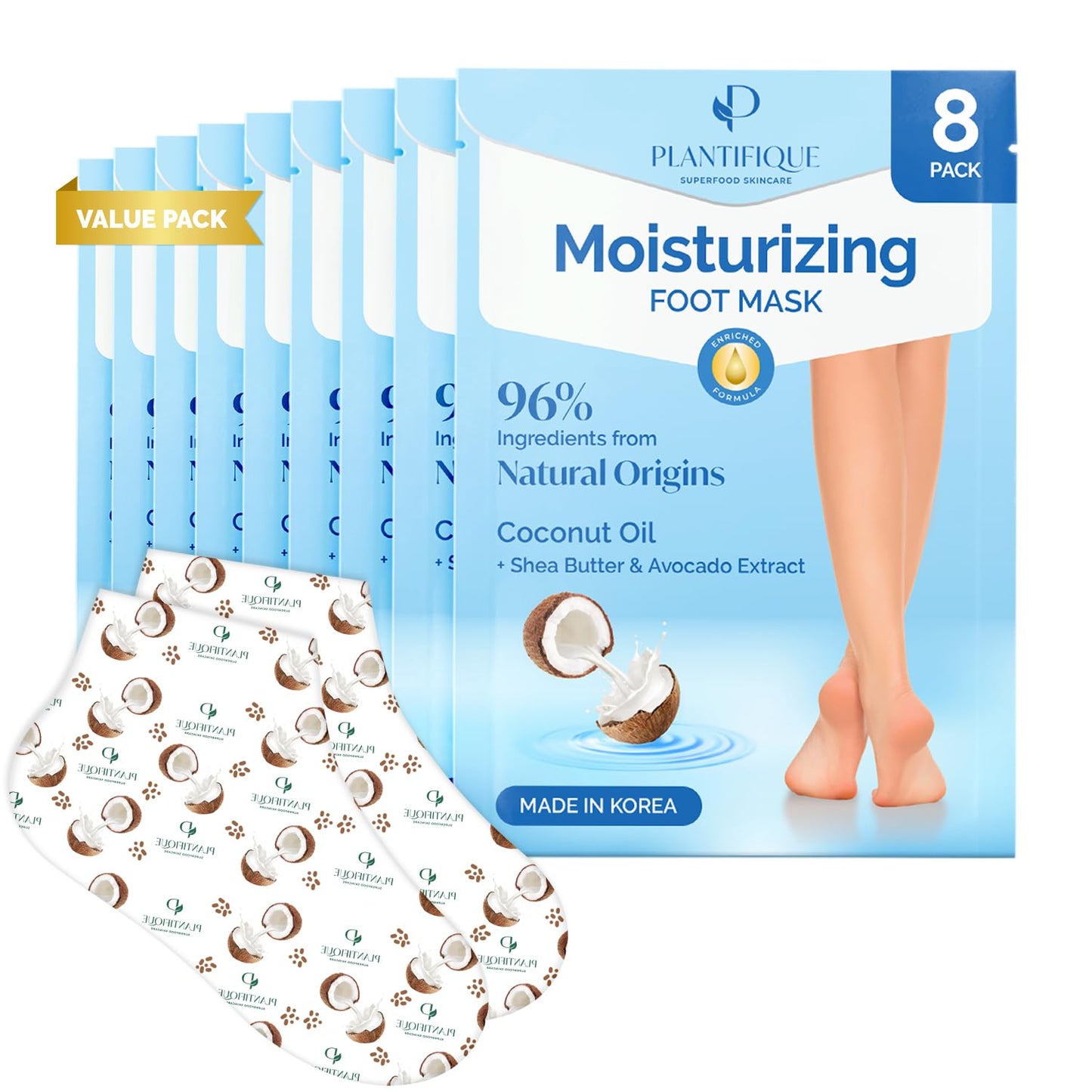 PLANTIFIQUE Korean Foot Mask with Shea Butter 8 Pairs box for Dry & Cracked Feet | Hydrating Socks for Soft Heels | Intense Moisturizing and Repairing Dry Rough Skin | Foot Spa | Happy Feet Mask