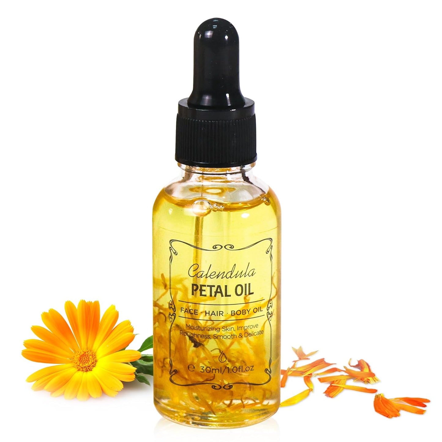 Calendula Essential Oil with Flower Petal, Sunflower Seed, Olive Fruit Natural Massage Oils for Nails, Hair, Body, Face Moisturizing Skincare Oil Serum Dry Hair Strengthening Treatment All Types 30ml