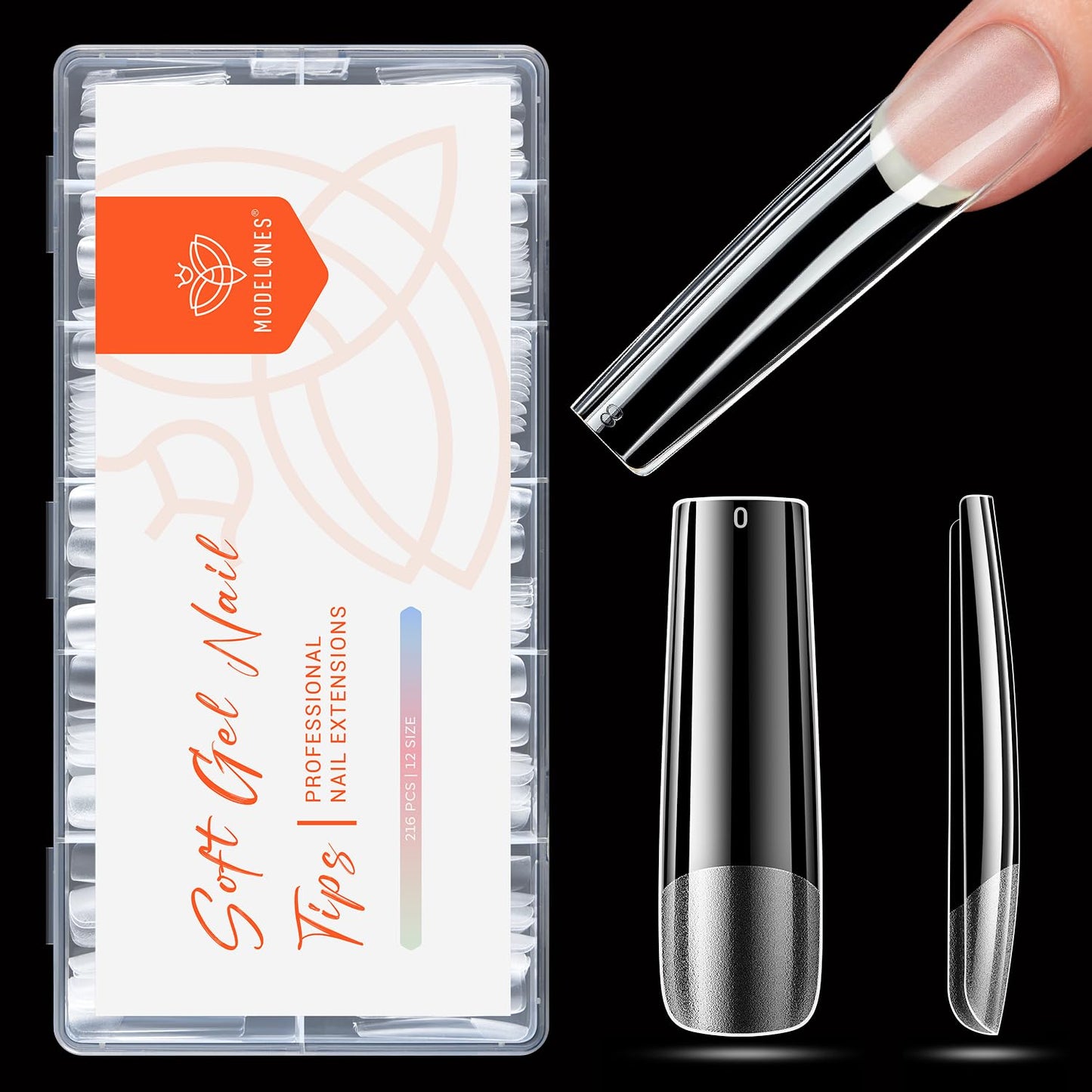 modelones XXL Long Square Nail Tips, Pre-shaped Soft Gel Tips Fake Nails False Acrylic Clear Full Cover Press on Extension Kit Gel Manicure DIY at Home 216PCS 12Sizes