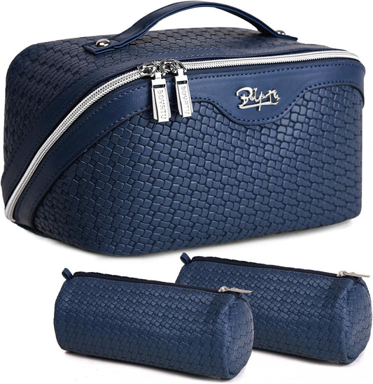 BOYATU Travel Makeup Bags for Women: Large Cosmetic Bag - 3 Set Make up Bags with Compartments - Vegan Leather Makeup Organizer Wide Open Portable Pouch (L20 Blue)
