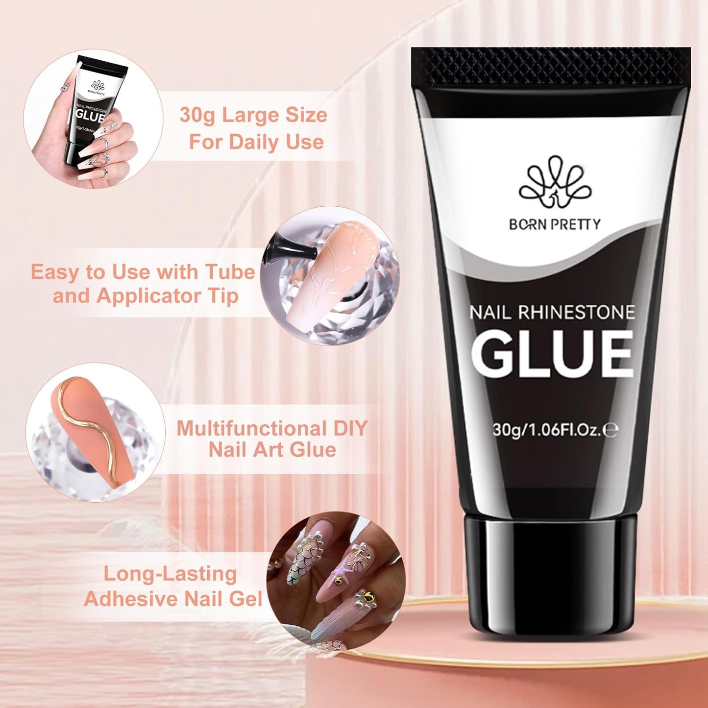 BORN PRETTY Nail Rhinestone Glue Gel for Nails Super Strong Gel Nail Glue for Nail Charm 3D Nails Gems Beads Nail Art Jewels Cured Need Nail Art DIY at Home 30ML