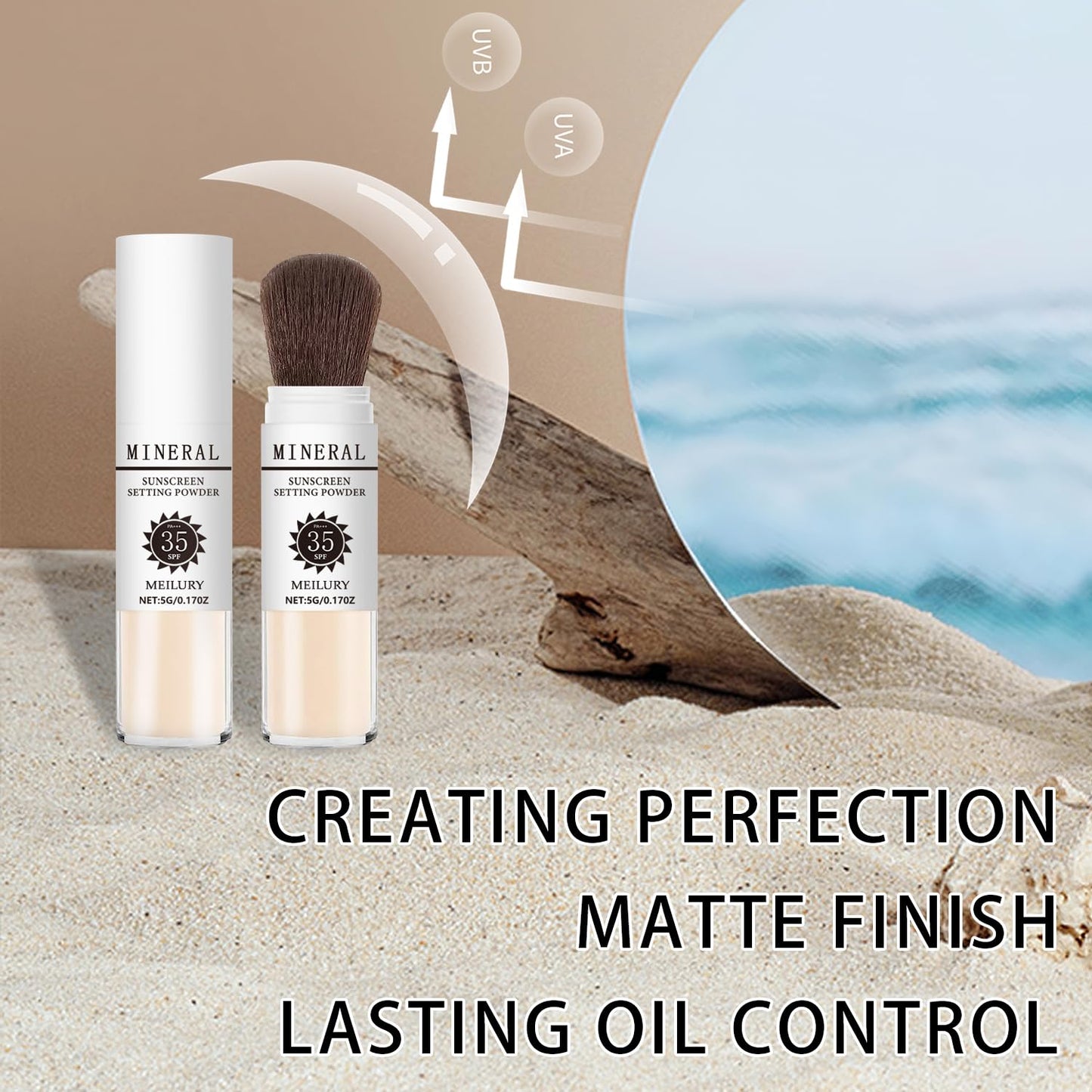 Sunscreen Setting Powder SPF 35, Mineral Brush Powder for Face & Scalp, Oil Control Natural Matte Finish Loose Powder Translucent Lasting Lightweight Breathable for All Skin (#02 Fair)