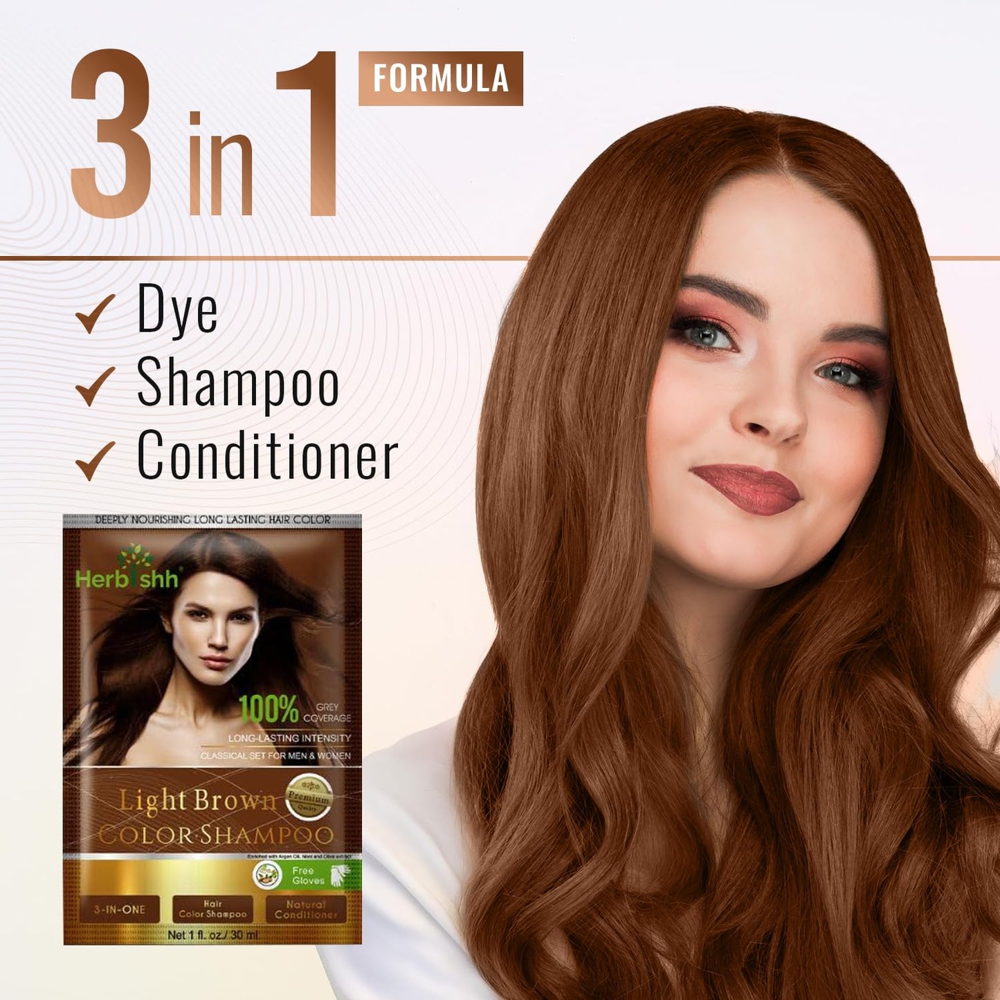 Herbishh Hair Color Shampoo for Gray Hair–Natural Hair Dye Shampoo with Argan Hair Mask–Travel size-Colors Hair in Minutes–Long lasting colour–10pack+1pack–Ammonia-Free (Light Brown)
