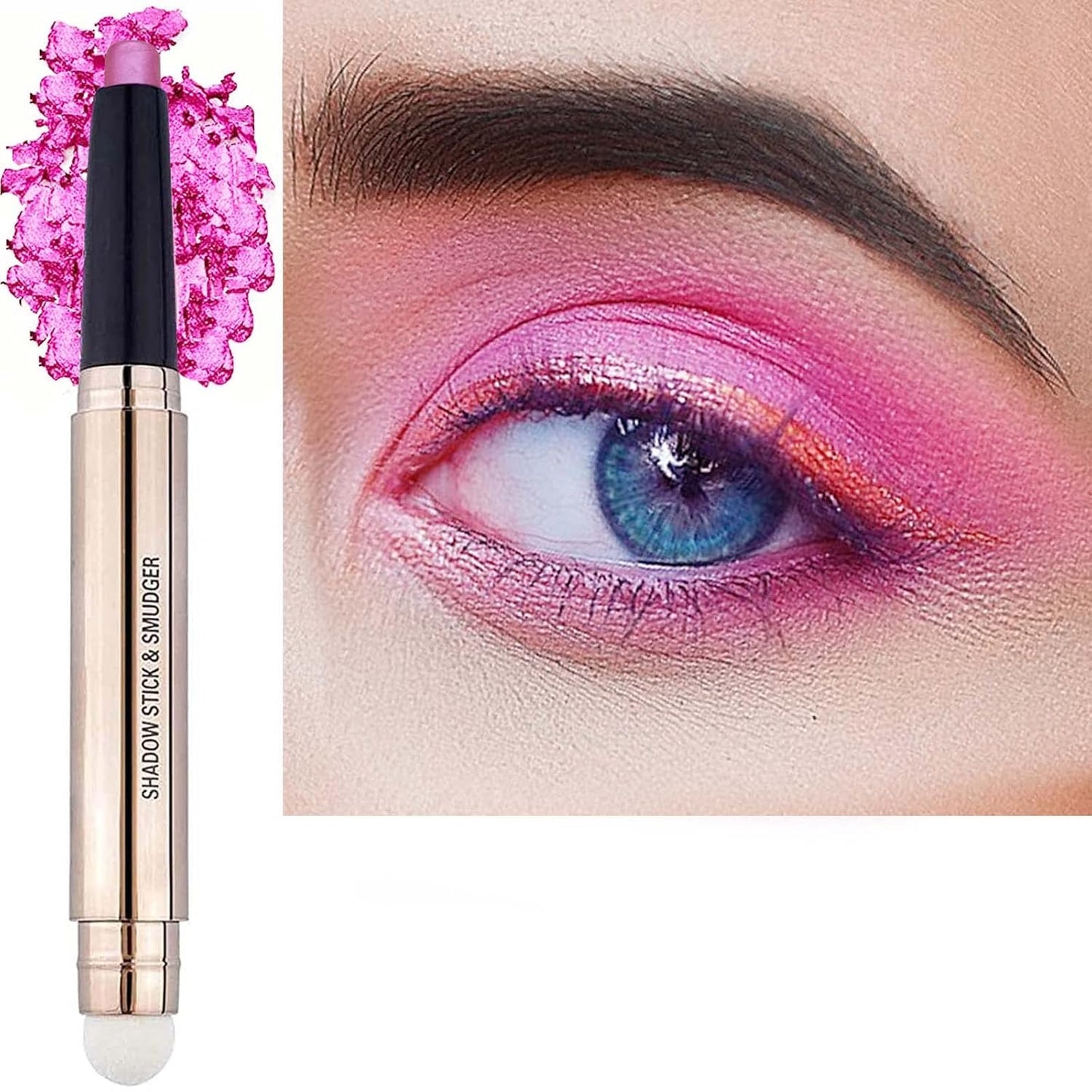 2 in 1 pink Eyeshadow stick and Sponge Makeup Brush, Smooth Cream Shimmer Shadow Pencil Long Lasting Waterproof Eye Shadow Highlighter Stick Makeup , Hypoallergenic Eyeshadow, Highlighter Eye Liner