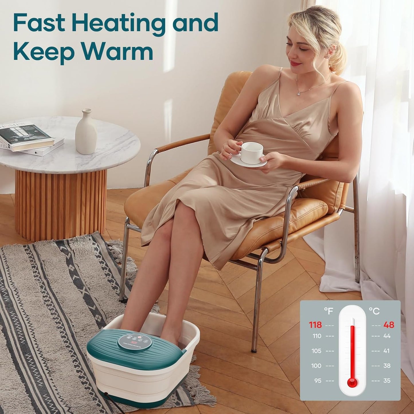 Collapsible Foot Spa Bath Massager with Heat, Bubble and Timer, 95-118℉ Adjustable Temperature Fast Heating with Pedicure Stone and Massage Rollers for Feet Stress Relief at Home