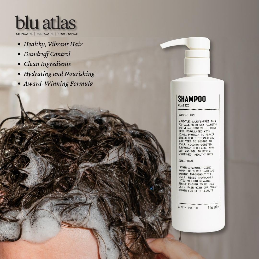 Blu Atlas Men's Natural Shampoo – Organic, Sulfate-Free, Paraben-Free – Deep Cleansing & Hydrating – Classic Scent (Bergamot, Sage, Patchouli) – Made in America– 16 oz