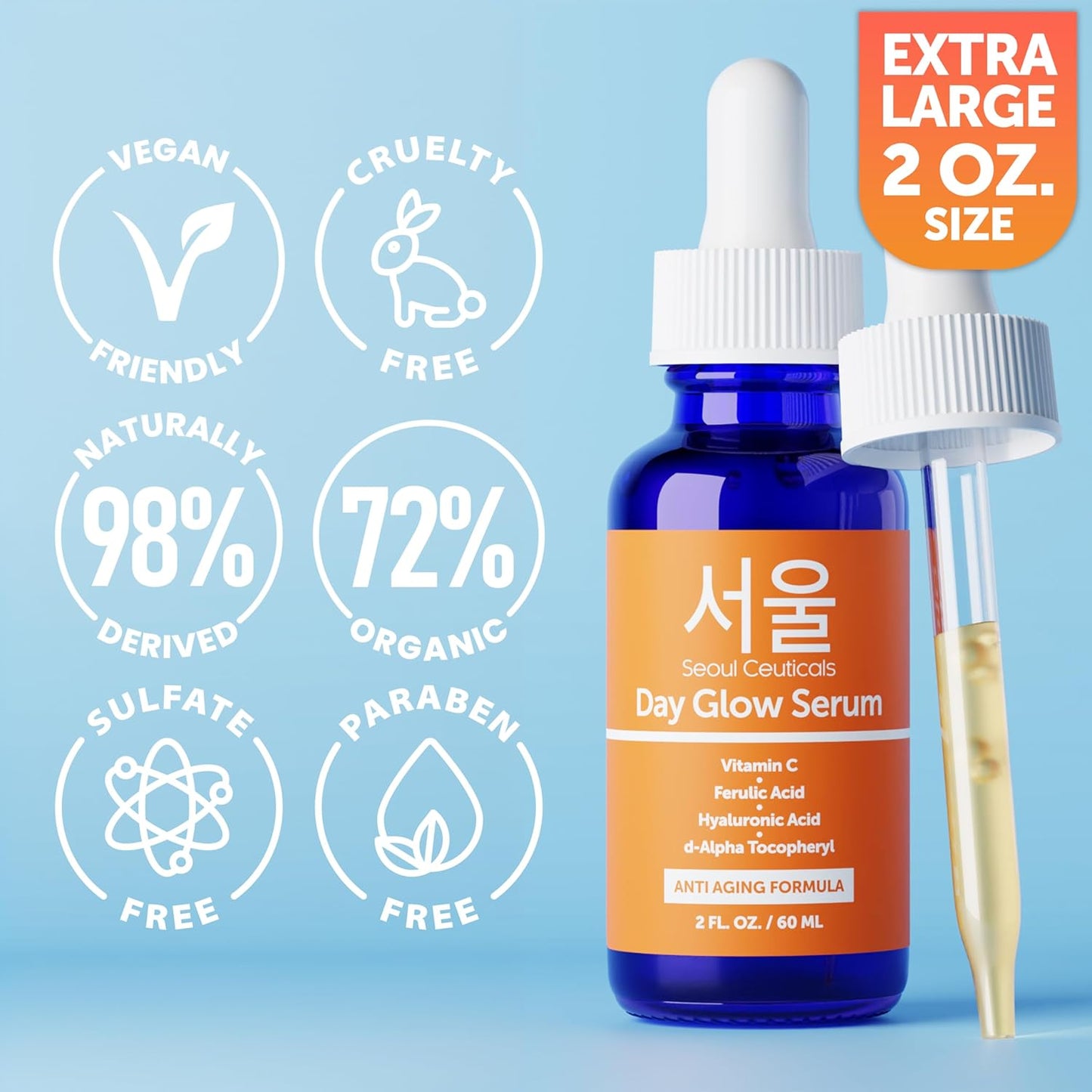 SeoulCeuticals Large 2oz Korean 20% Vitamin C Hyaluronic Acid Serum + CE Ferulic Acid - Potent Anti Aging, Anti Wrinkle K Beauty