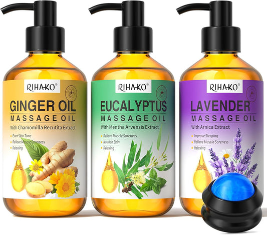 3 Pack Massage Oil for Massage Therapy,Ginger for Lymphatic Drainage, Lavender for Relaxation, Eucalyptus Mint for Muscle Relief | Massage Therapy & Date Night Spa Gift with Massage Ball for Him & Her