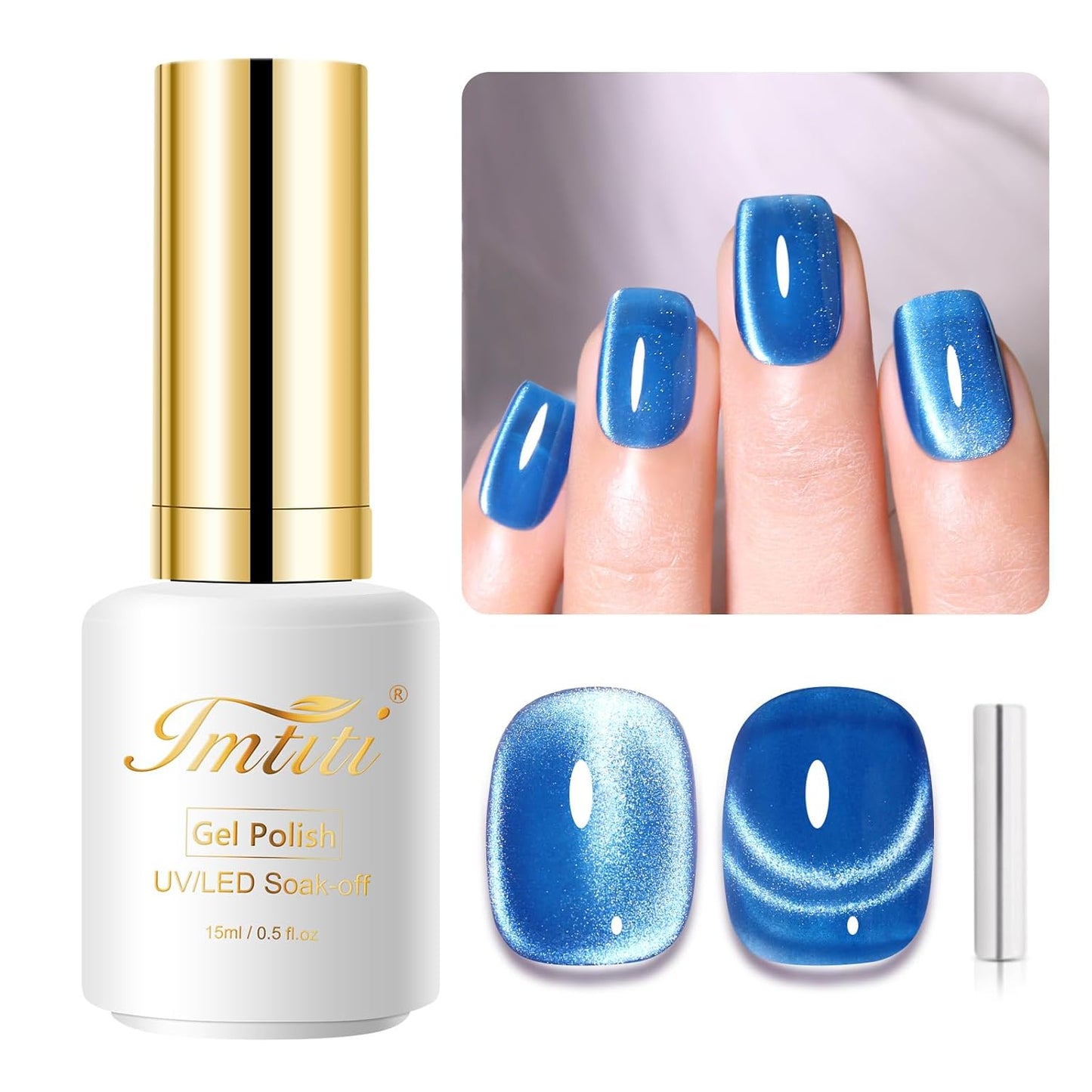 Imtiti Moonlight Cat Eye Gel Nail Polish, 15ml Sea Blue Holographic Crystal Diamond Glitter Magnetic UV Soak Off Gel Nail Polish with Magnetic Stick for Nail Art 1Pcs