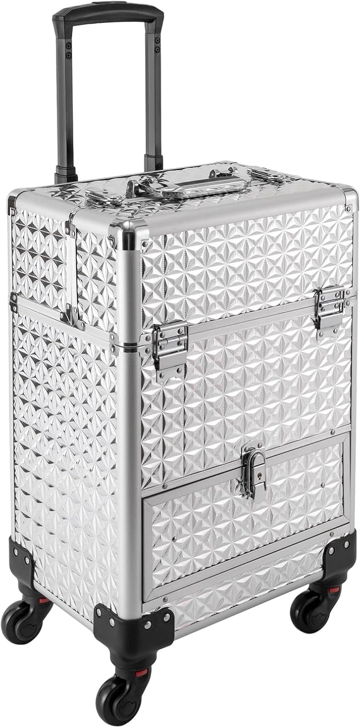 Rolling Makeup Train Case Professional Cosmetic Organizer Large Capacity Trolley Makeup Travel Case with 360° Swivel Wheels for Makeup Artist (Silver)