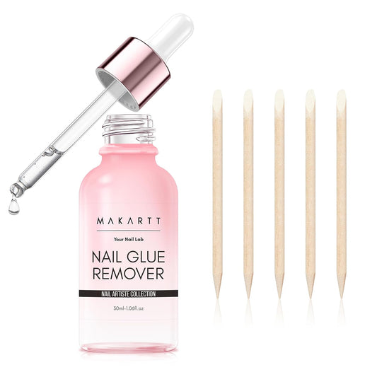 Makartt Press on Nail Glue Remover: Updated Formula with Vitamin E | Glue Debonder with 5 Wooden Sticks,1 Dropper Applicator for Quicker Application,Non-Acetone,Hema-free Glue off 30 ml