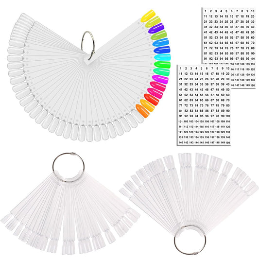 JASSINS 150 Pcs Nail Swatch Sticks with Ring and Number posted, Clear Fan-shaped Nail Art Polish Practice Display Tips Nail Sample Sticks, Nail Practice Color Display Polish Board