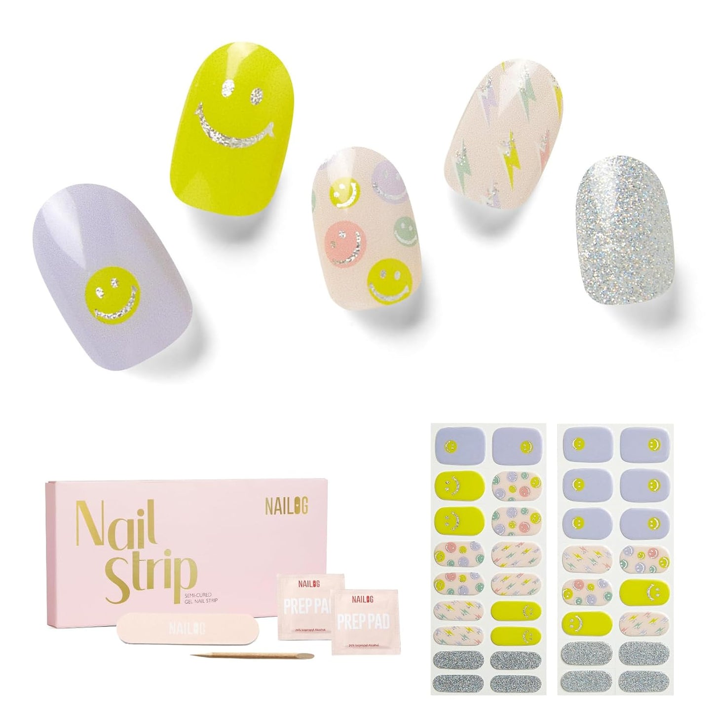 NAILOG Semi Cured Gel Nail Strips 34 pcs| Buy 2 Get 1 UV Lamp | Long Lasting Nail Polish Sticker Wraps with Glossy Gel Finish, Feeling Good