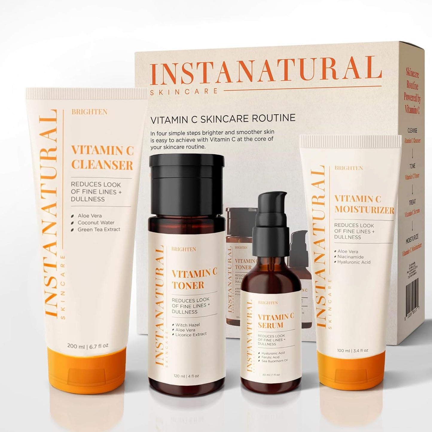 InstaNatural Vitamin C Four Step Skin Care Set with Face Wash, Toner, Serum & Moisturizer | All Natural Brightening & Hydrating Routine with Botanical Extracts – 1.68 Fl Oz (Pack of 4)