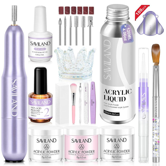 SAVILAND Acrylic Nail Kit with Drill: Professional Salon Nails Kit with Everything Acrylic Powder and Liquid Set Nail Brush Forms Top Gel & Manicure Tools Kit for DIY Extension Carving Home Use