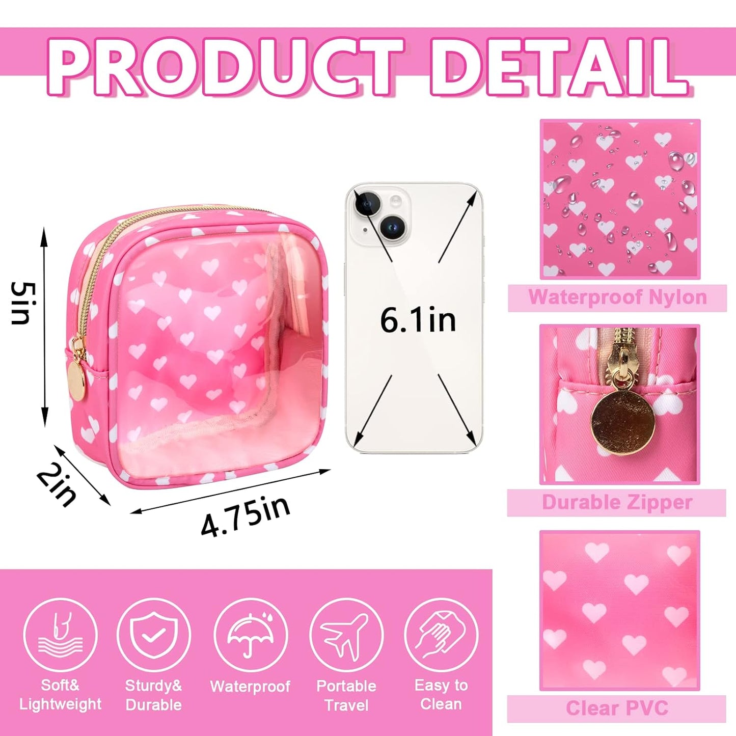 Clear Mini Makeup Bag for Purse, Small Nylon&PVC Cosmetic Travel Bag TSA Approved Toiletry Bag with Zipper, Preppy Transparent Makeup Travel Bag Coin Purse for Women Men Girls(Mini-Pink Heart)