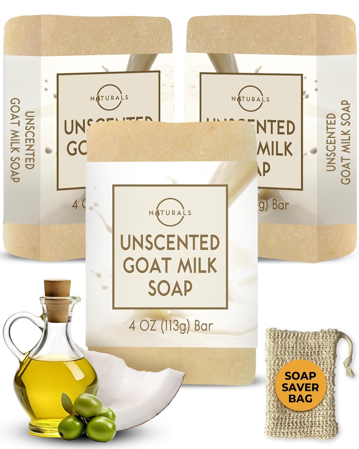 O Naturals 3-Pcs Goat Milk Soap with Soap Saver Bag - Unscented, Triple-Milled, Nourishing, for Sensitive Skin