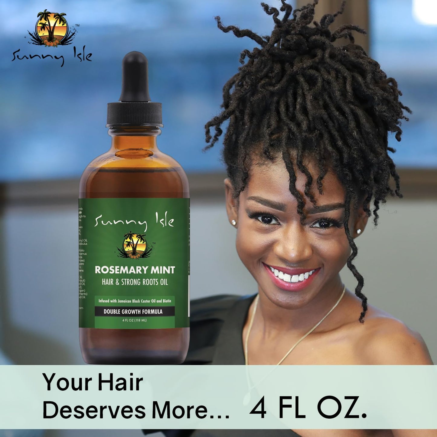 Sunny Isle Rosemary Mint Hair and Strong Roots Oil 4oz | Infused with Biotin & Jamaican Black Castor Oil | Strengthen and Nourish Hair Follicles | Dry Scalp, Split Ends