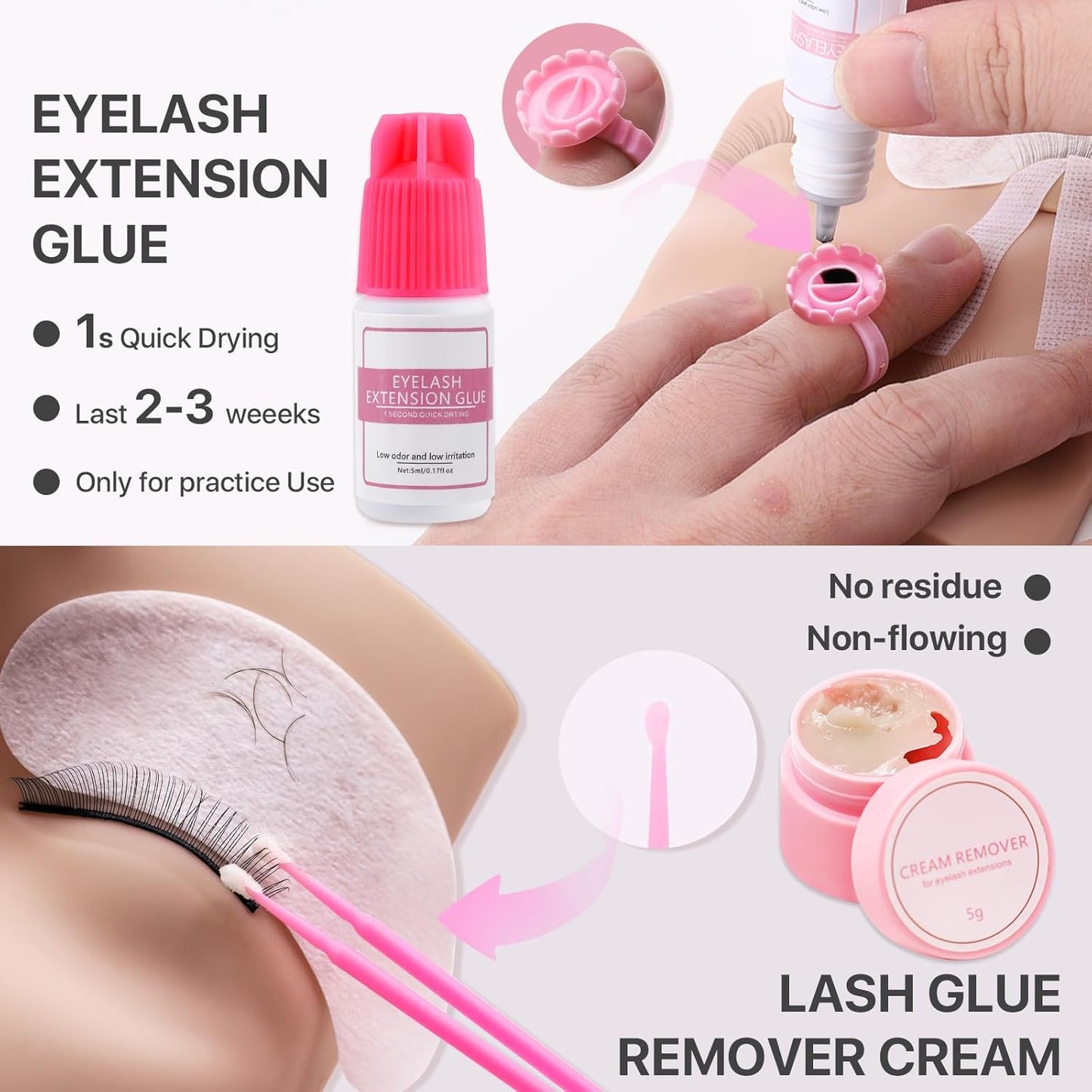 Lash Kit for Beginners, Eyelash Extension Kit with Eye Lash Mannequin Head, Eyelash Extension Glue, Remover Cream, Tweezers for Practice Training