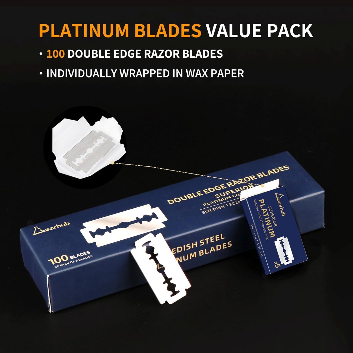 Gearhub Premium 100 Count Double Edge Safety Razor Blades Refills Swedish 13C26 Stainless Steel Platinum Coated, Mild to Medium Sharpness for Smooth Shaves