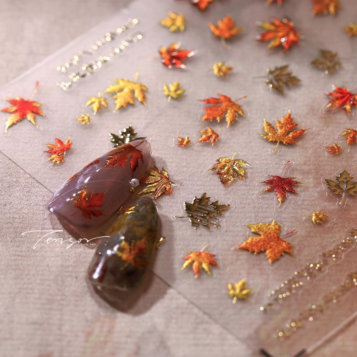 Fall Nail Stickers 1Sheed 3D Embossed Nail Art Stickers Holographic Nails Decals DIY Self-Adhesive with Maple Leaves Gradient Designs for Women Girls Autumn Elegant Nail Art Decorations